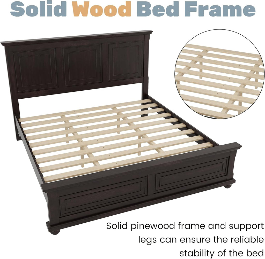Mirightone Farmhouse King Bed Frame with High Headboard & Footboard, Solid Wood Rustic Bedroom Furniture Set with USB Charging Station, Under Bed Storage, No Box Spring Needed,Antique Brown