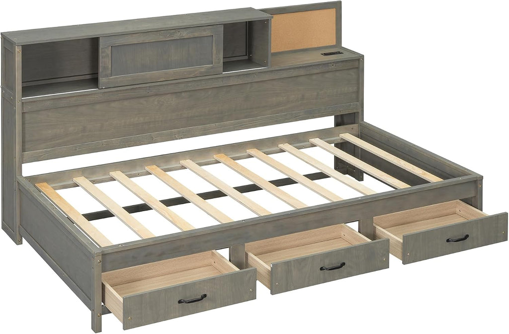 Merax Twin Size Daybed with 3 Storage Drawers,Headboard with Shelf,A Set of Sockets and USB Ports,Grey