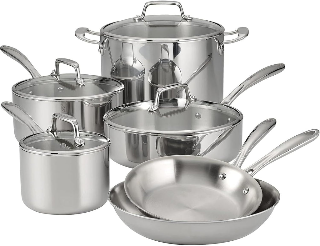 Tri-ply Clad Stainless Steel 10-piece Cookware Set with Glass Lids, Pots and Pans Kitchen Set, Induction-ready, Dishwasher-safe(10-Piece/Stainless Steel)