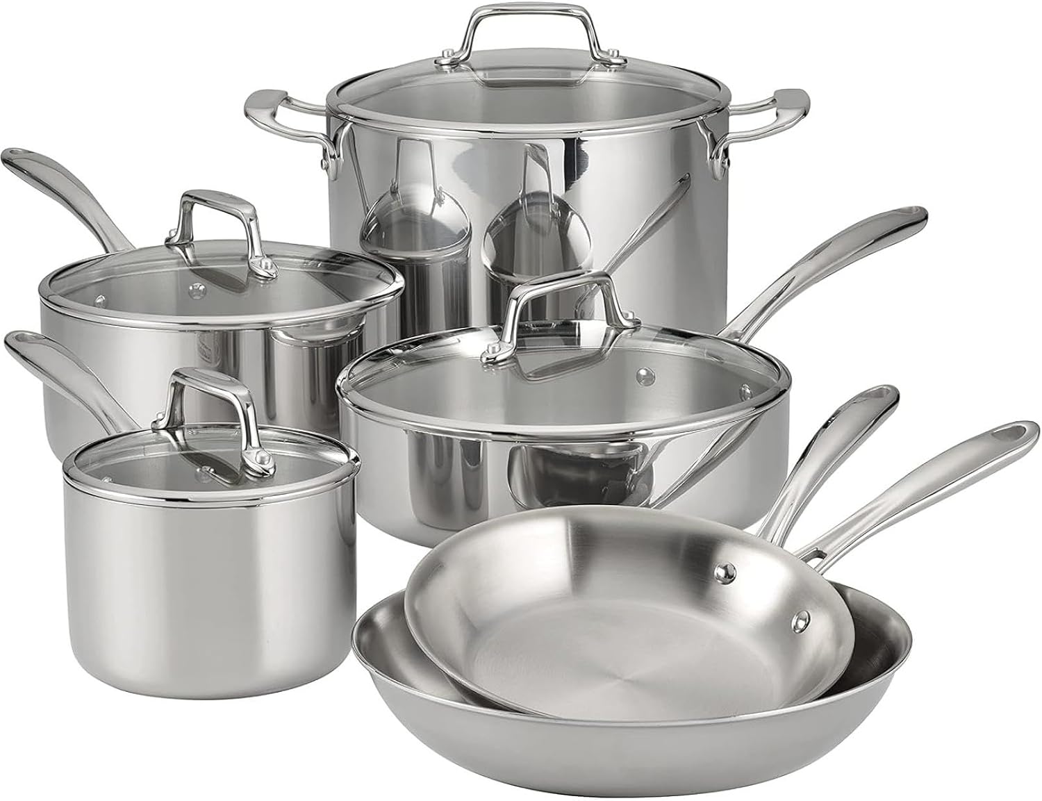 Tri-ply Clad Stainless Steel 10-piece Cookware Set with Glass Lids, Pots and Pans Kitchen Set, Induction-ready, Dishwasher-safe(10-Piece/Stainless Steel)
