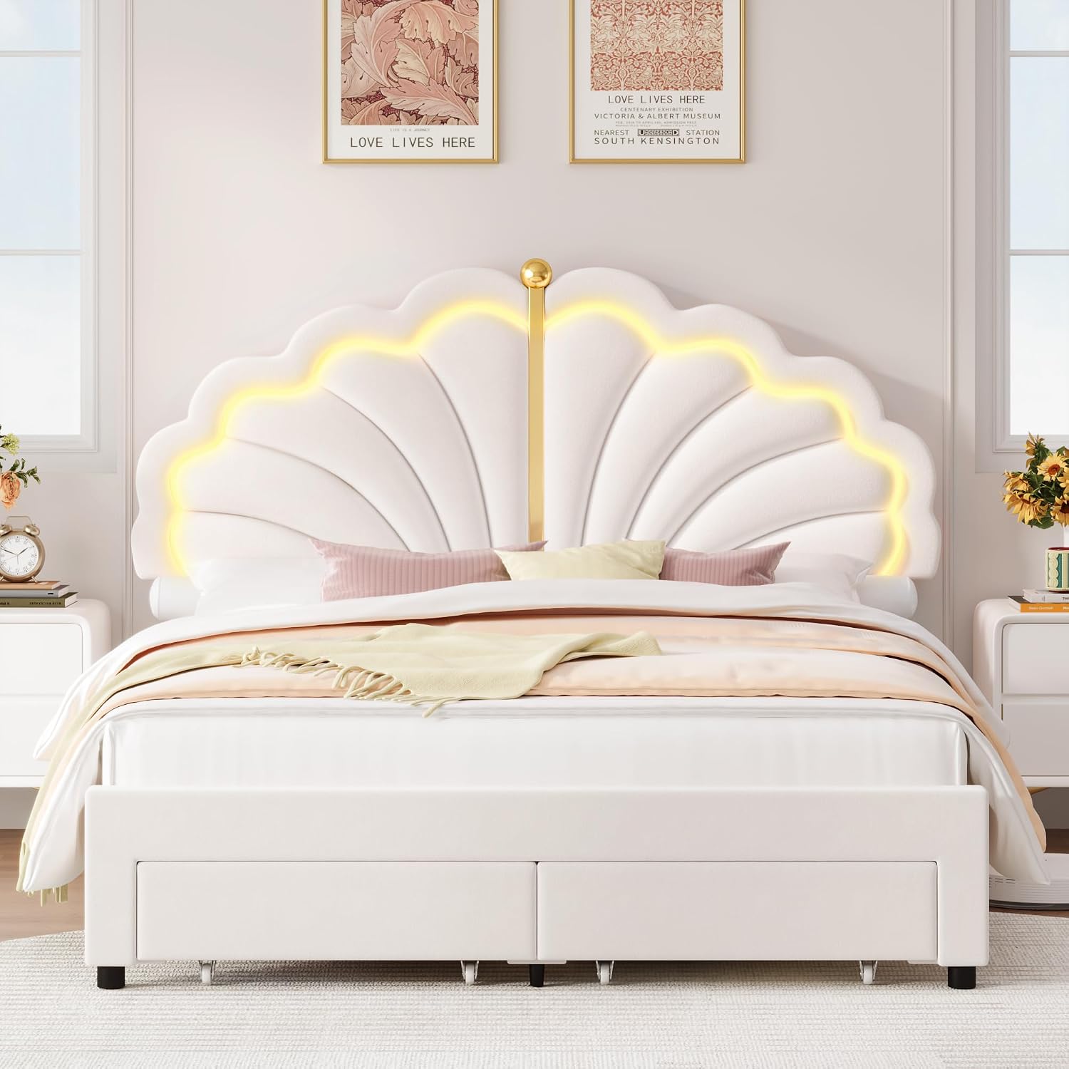 Keyluv Full Princess Bed Frame with Storage Drawers, Soft Velvet Upholstered LED Platform Bed with Adjustable Modern Shell Headboard, No Box Spring Needed, Noise-Free, Beige