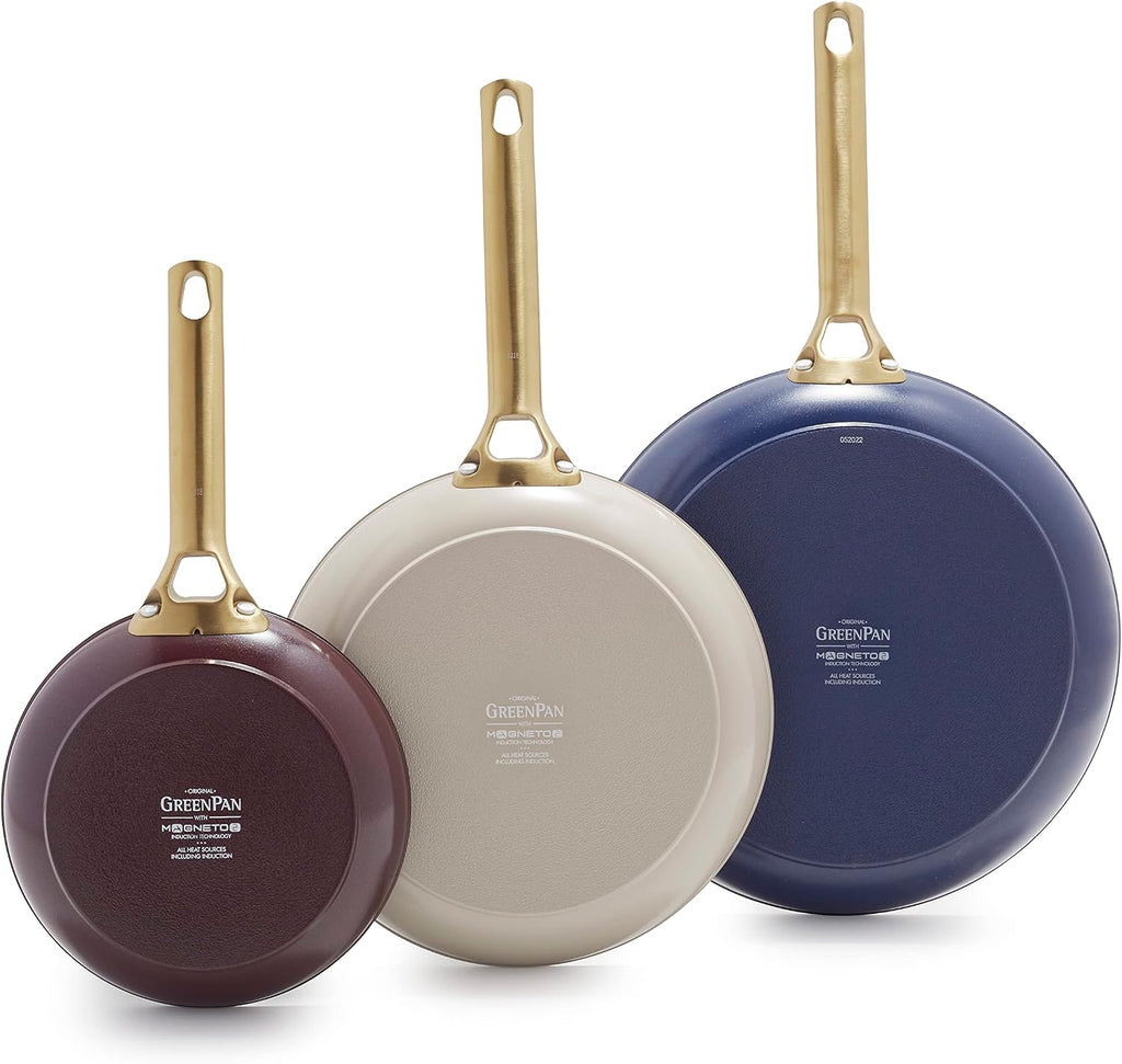 GreenPan Hard Anodized Healthy Ceramic Nonstick, 8' 10' and 12' 3 Piece Frying Pan Skillet Set, Gold Handle, PFAS-Free, Induction Suitable, Dishwasher Safe, Oven Safe, Multi Color Mix