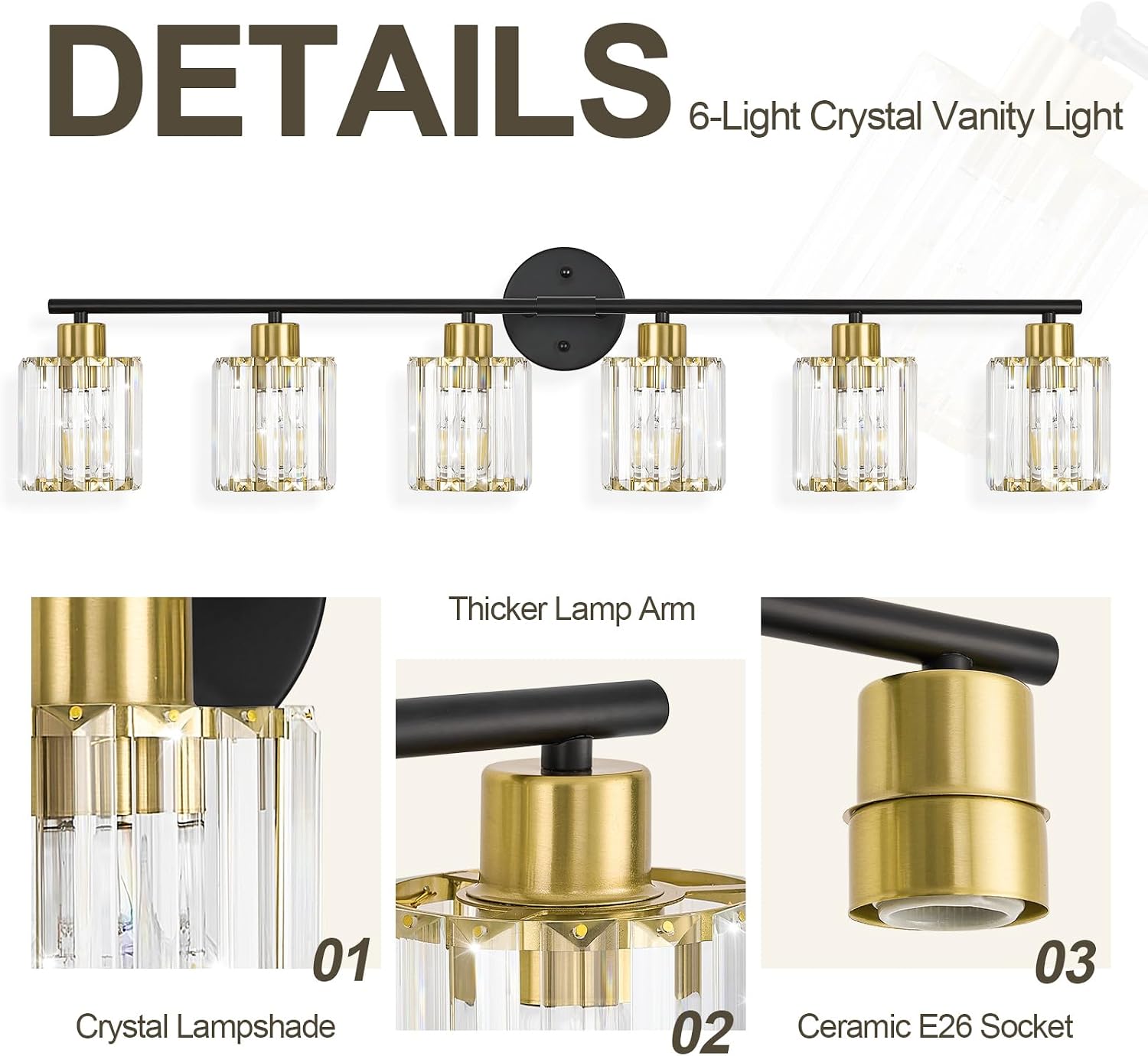 Crystal Bathroom Light Fixtures,Bathroom Lighting Fixtures Over Mirror, Modern 6-Light Brushed Nickel Vanity Lights for Mirror, Restroom,Kitchen(Ceramic E26 Socket,Bulbs Not Include)