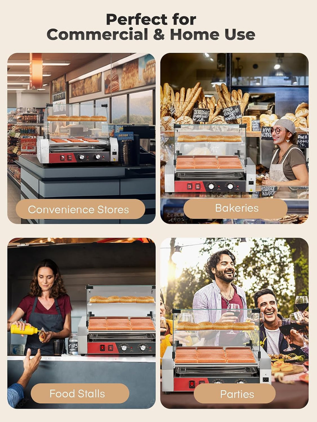 HOUSNAT Hot Dog Roller, 11 Rollers 30 Hot Dogs Capacity, 1650W Stainless Steel Hot Dog Machine with Dual Temperature Control, Bun Warmer Shelf, Glass Hood & Removable Drip Tray for Kitchen Restaurant