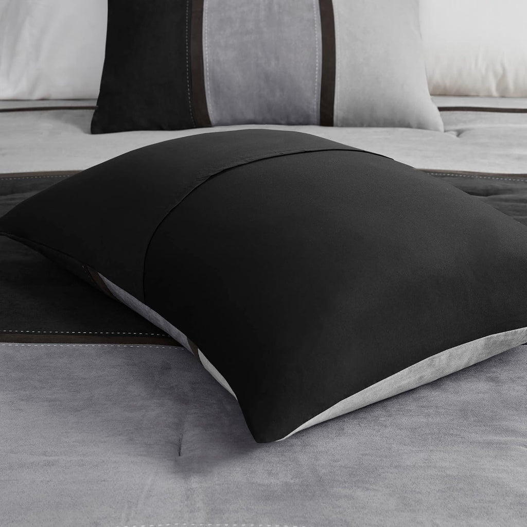 Madison Park Palisades Comforter Set Modern Faux Suede Pieced Stripe Design, All Season Down Alternative Cozy Bedding with Matching Shams, Decorative Pillows, King(104'x92'), Black 7 Piece