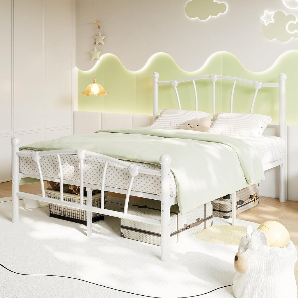 GarveeHome Full Size Bed Frame, Heart Shaped Metal Bed Frame with Headboard and Footboard, Platform Bed Frame with Sturdy Slat Support, Underbed Storage Space, No Box Spring Needed, White