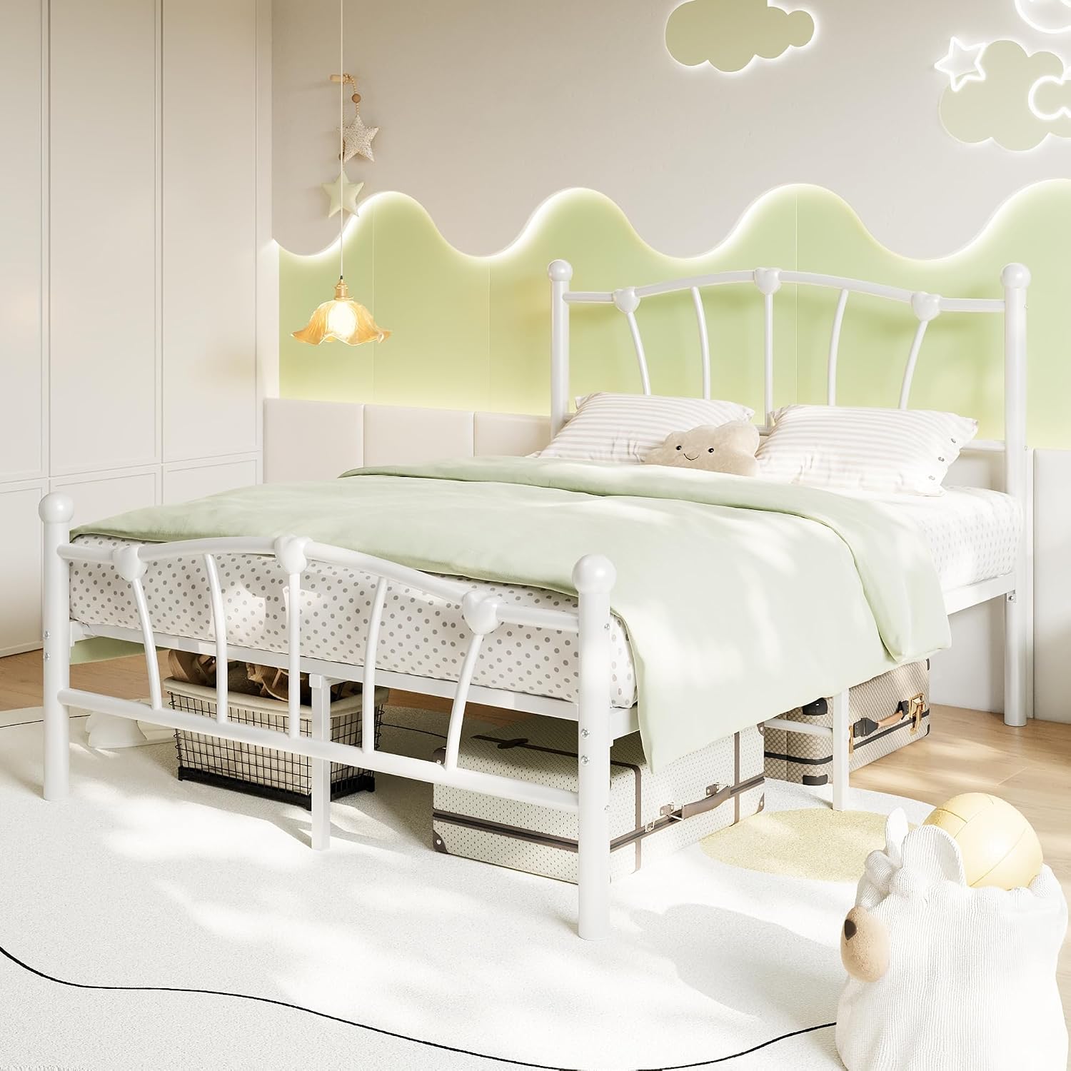 GarveeHome Full Size Bed Frame, Heart Shaped Metal Bed Frame with Headboard and Footboard, Platform Bed Frame with Sturdy Slat Support, Underbed Storage Space, No Box Spring Needed, White
