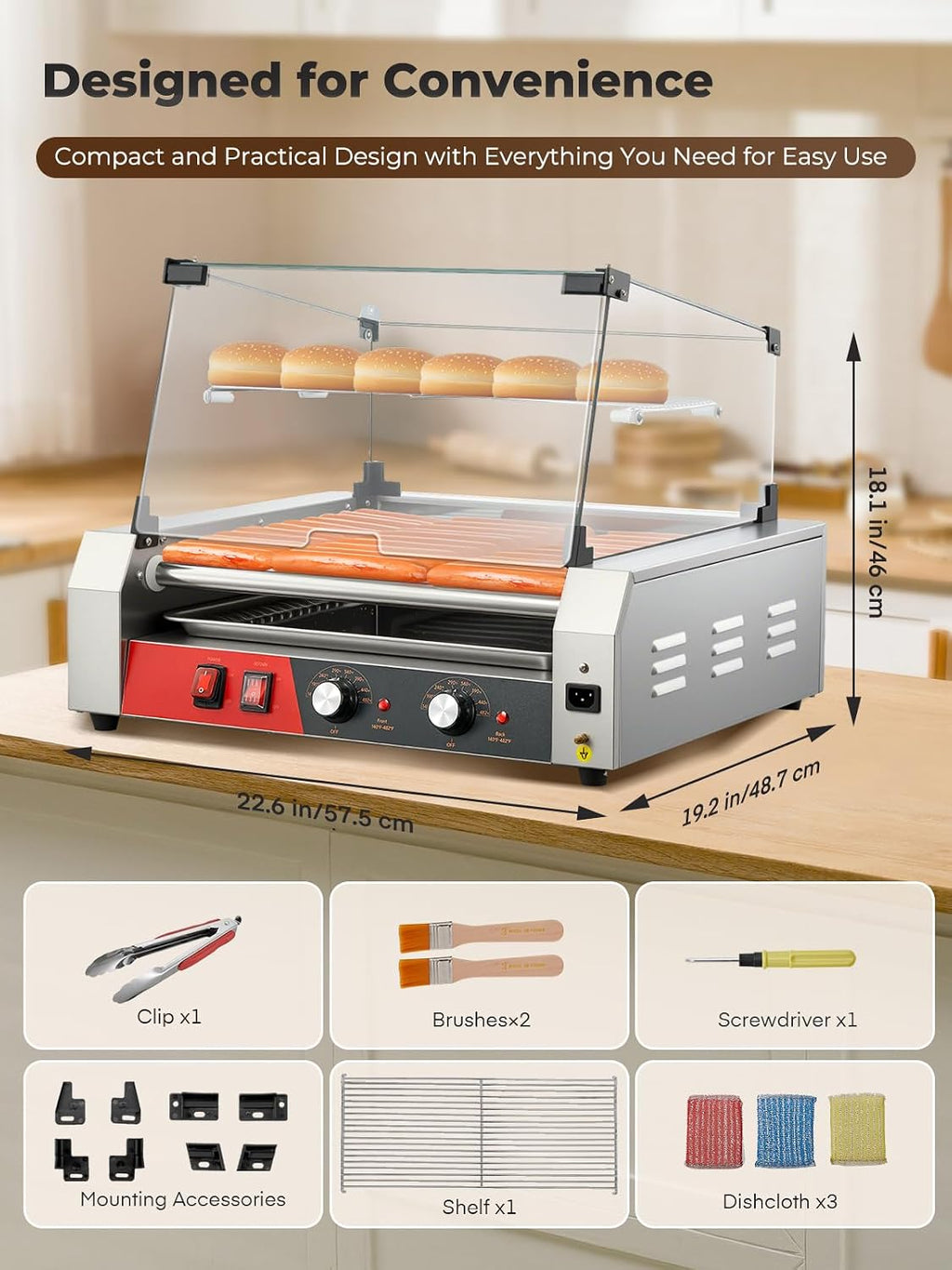 HOUSNAT Hot Dog Roller, 11 Rollers 30 Hot Dogs Capacity, 1650W Stainless Steel Hot Dog Machine with Dual Temperature Control, Bun Warmer Shelf, Glass Hood & Removable Drip Tray for Kitchen Restaurant