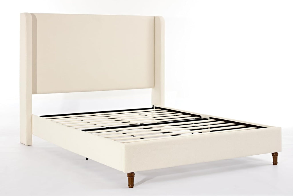King Size Bed Frame With Headboard,54'High Headboard Boucle Upholstered Platform Bed,bedroom Furniture Sets No Springs Required,Metal Bed Frame With Wooden Slats for Strong Support,No Noise Free,Ivory