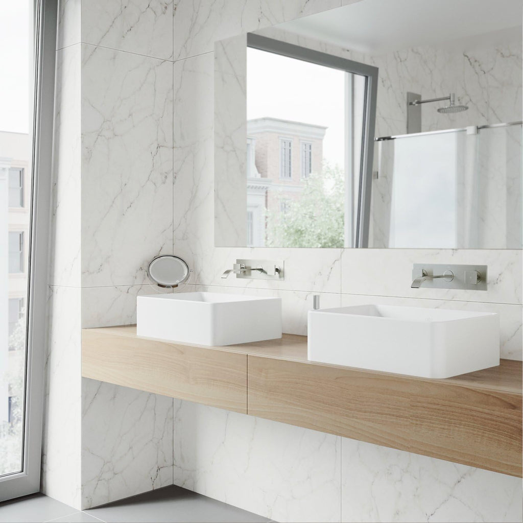 VIGO Titus Waterfall Two-Handle Three-Hole Wall Mount Bathroom Sink Faucet, Brushed Nickel, Modern Design, Solid Brass, 1.2 GPM WaterSense & Ceramic Disc Valve, Corrosion-Resistant