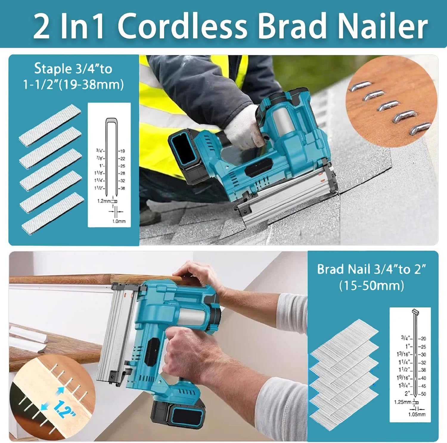 Electric Nail Nailer,21v Nailer Cordless,18 Gauge 2 in 1 Cordless Brad Nailer Stapler,U Shaped Nail/Straight Nail,for Upholstery and Carpentry,with Gloves,1 Battery&400 Nails,Blue