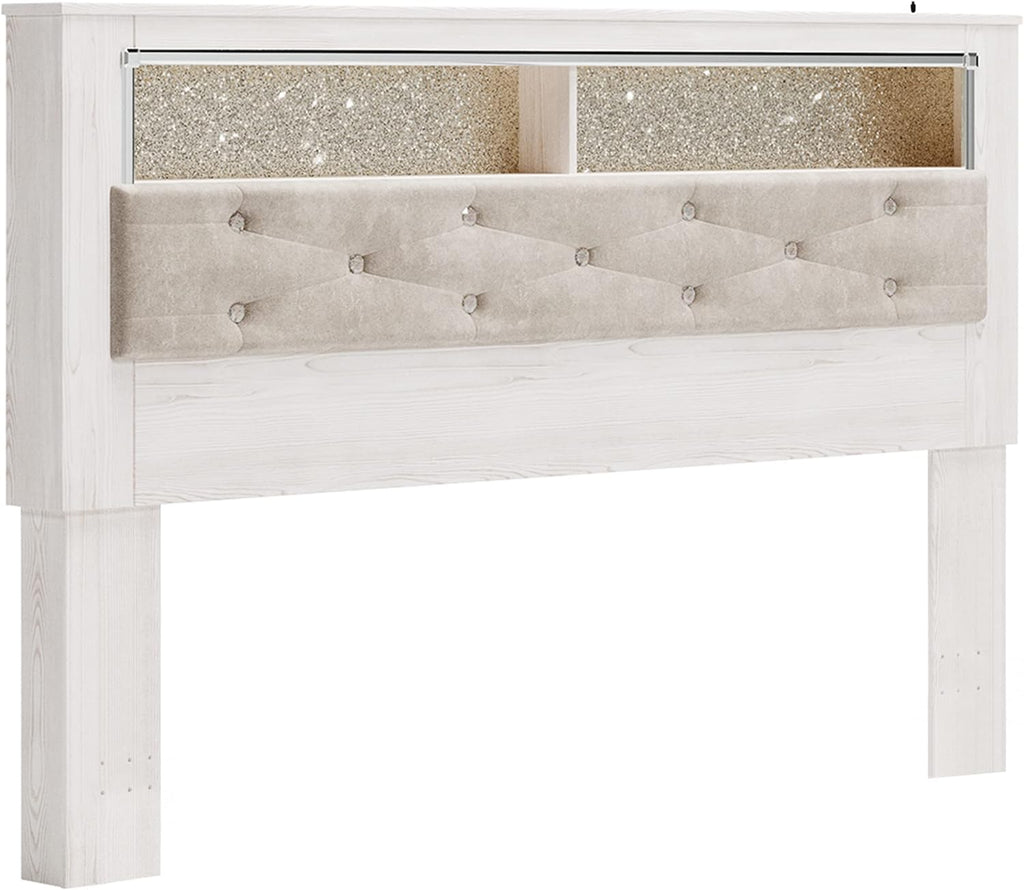 Signature Design by Ashley Altyra Modern Glam Upholstered Panel Bookcase Headboard, King, White