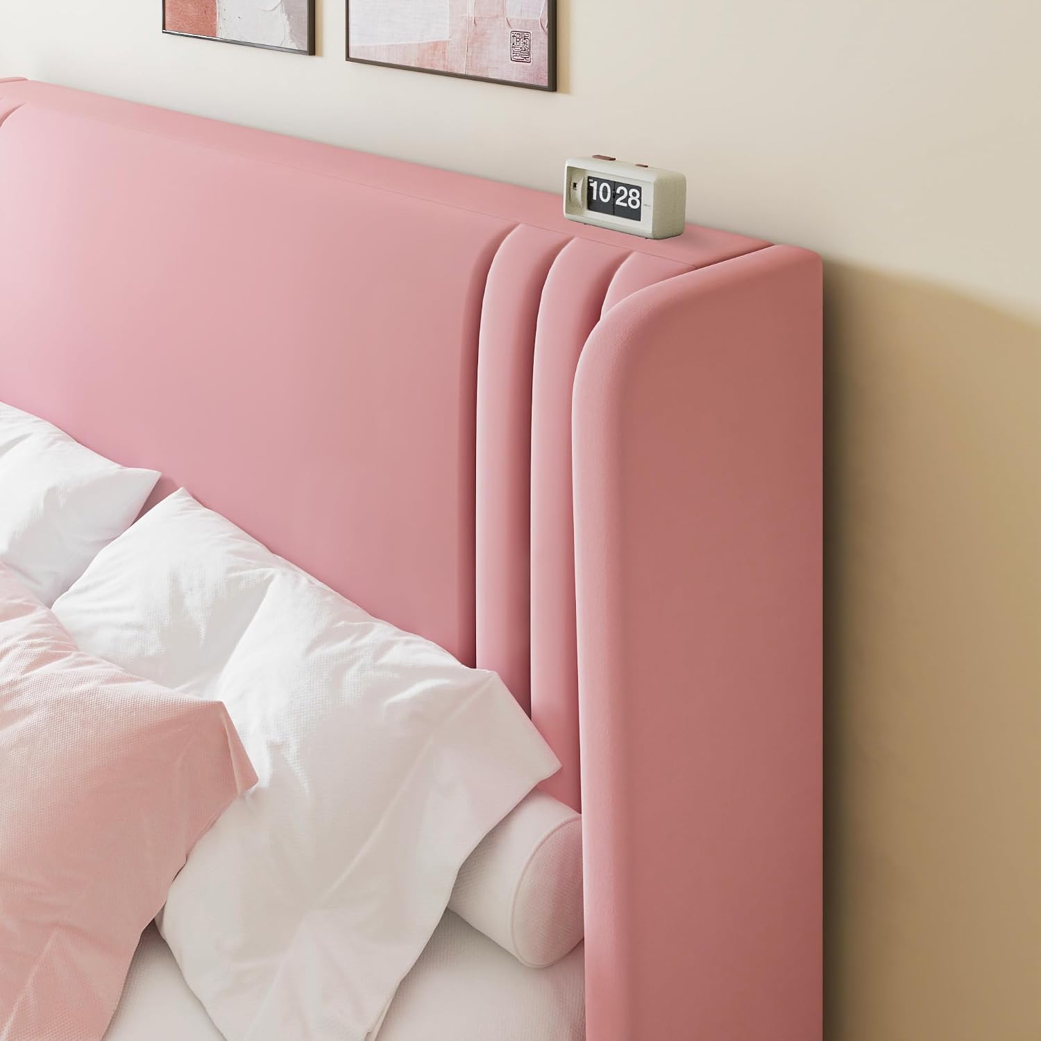 Allewie Full Size Velvet Platform Bed Frame with Vertical Tufted Wingback Headboard, Easy Assembly, Under Bed Storage, No Box Spring Required, Modern Style, Pink