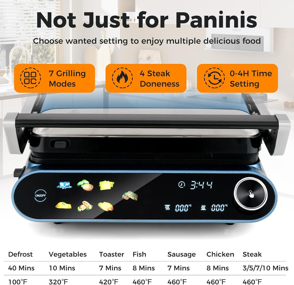 Electric Grill Indoor, Panini Press Sandwich Maker with Non-stick Reversible Grill Plates, Drip Tray & LED Display, 7 Grilling Modes, Dishwasher Safe, 1200W