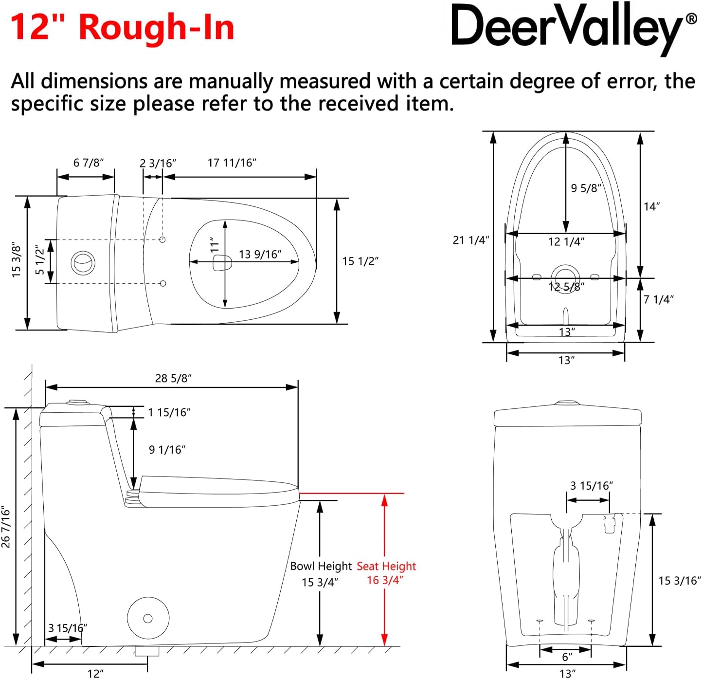 DeerValley One Piece Toilet Elongated 1.1/1.6 GPF Dual Flushing Toilets with 17' ADA Comfortable Chair Seat 12' Rough-In High-Efficiency Black Toilet DV-1F52636B