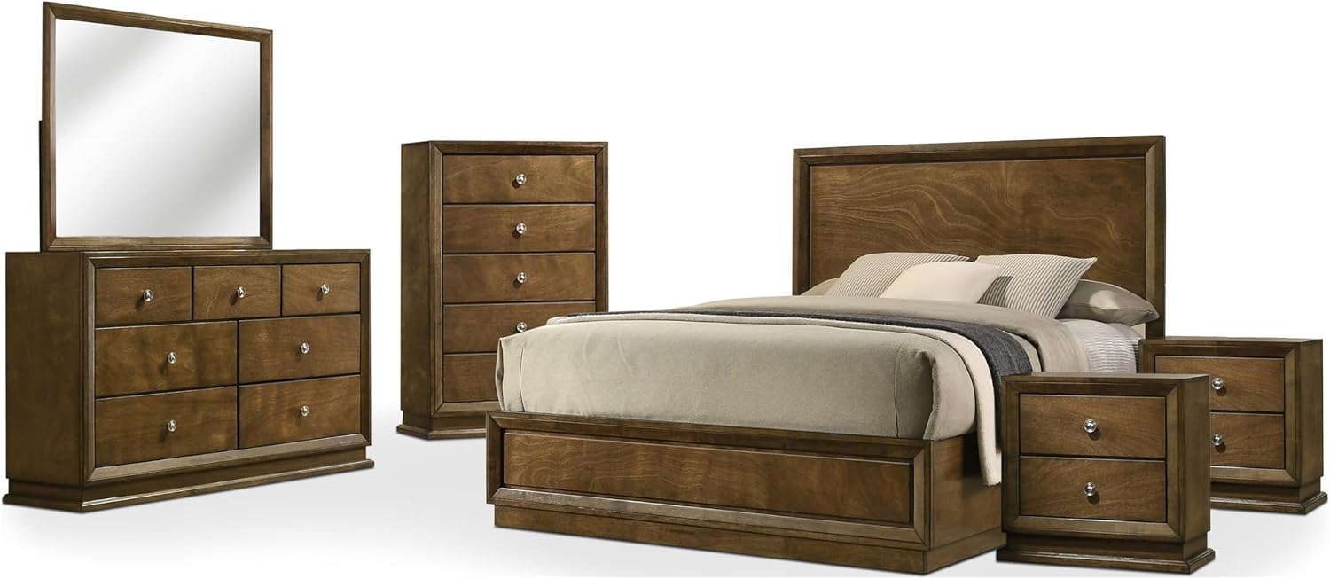Furniture of America Extan Modern Solid Wood 6-Piece Bedroom Set with Beveled Corner, Metal Center Glide, Zinc Iron Bronze Knobs, Box Spring Needed, Queen, Walnut