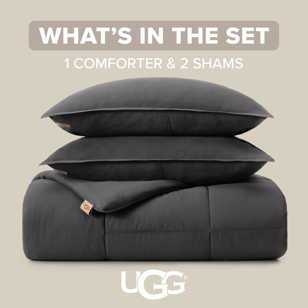 UGG Leonora Comforter Set with 2 Pillow Shams Lightweight Down Alternative Blanket Reversible Cozy Warm All Season Washable and Hypoallergenic Bedding Set, Full/Queen, Charcoal Grey