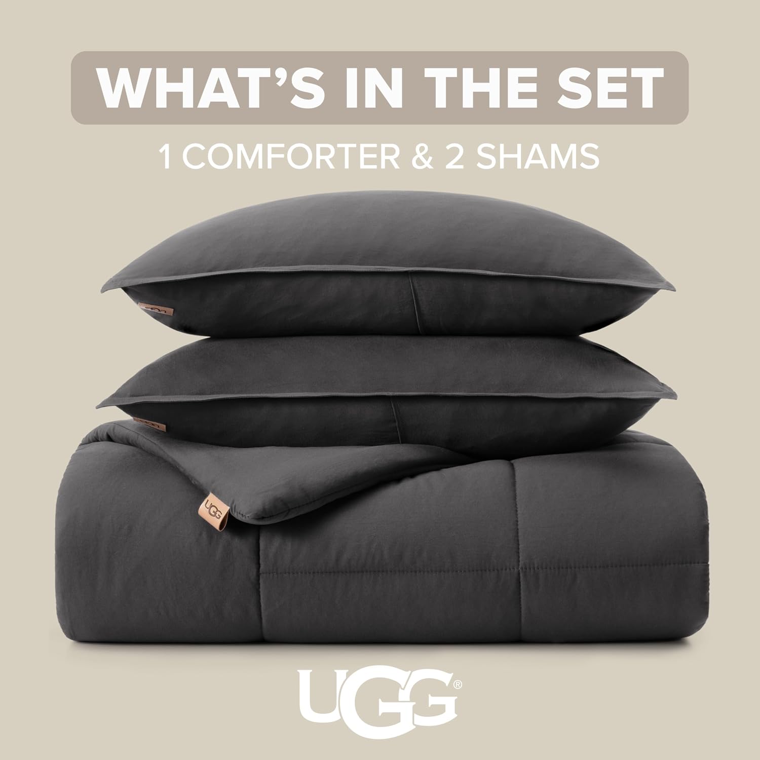 UGG Leonora Comforter Set with 2 Pillow Shams Lightweight Down Alternative Blanket Reversible Cozy Warm All Season Washable and Hypoallergenic Bedding Set, Full/Queen, Charcoal Grey