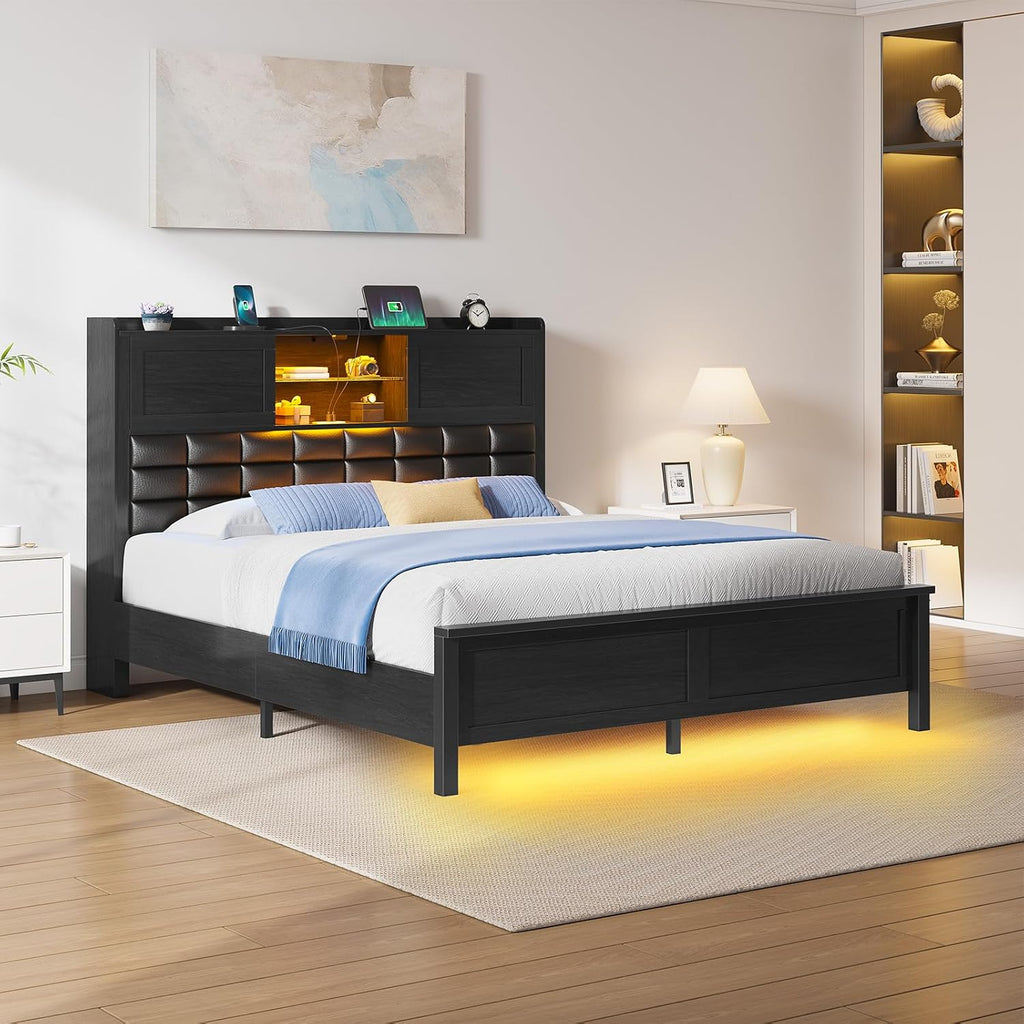 Rolanstar Bed Frame Full Size with Charging Station, Bookcase Headboard Bed with LED Light and Sliding Doors, Platform Bed with Wooden Slats, No Box Spring Needed, Noise Free, Black
