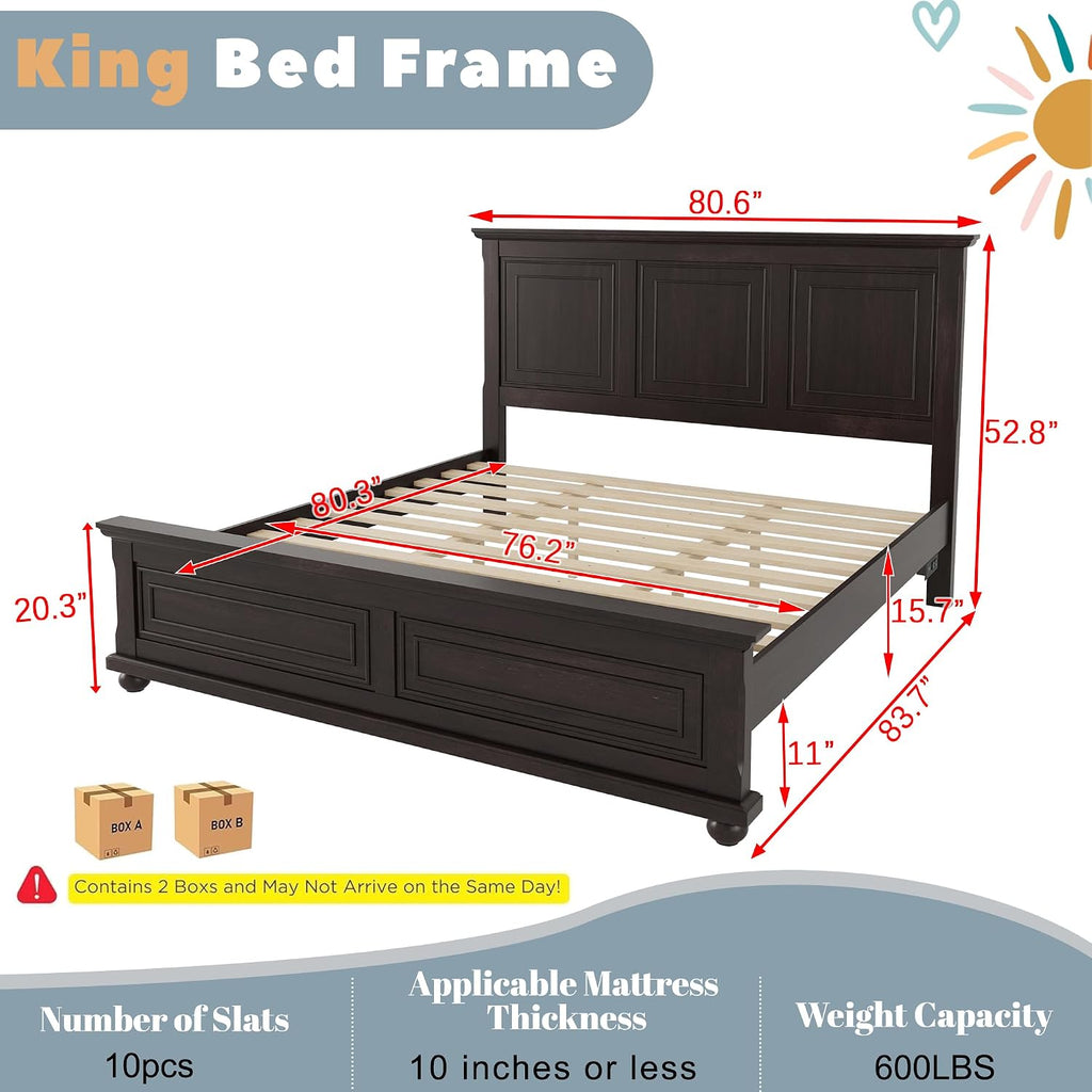Mirightone Farmhouse King Bed Frame with High Headboard & Footboard, Solid Wood Rustic Bedroom Furniture Set with USB Charging Station, Under Bed Storage, No Box Spring Needed,Antique Brown