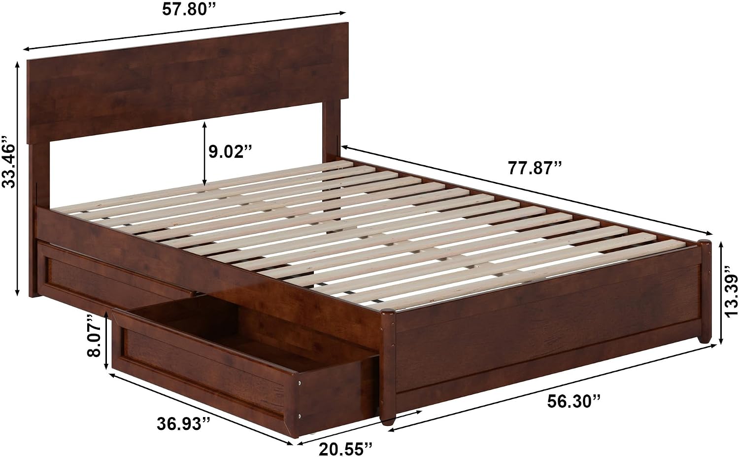 AFI, Wesley Full Platform Bed with Panel Footboard and Storage Drawers, Walnut