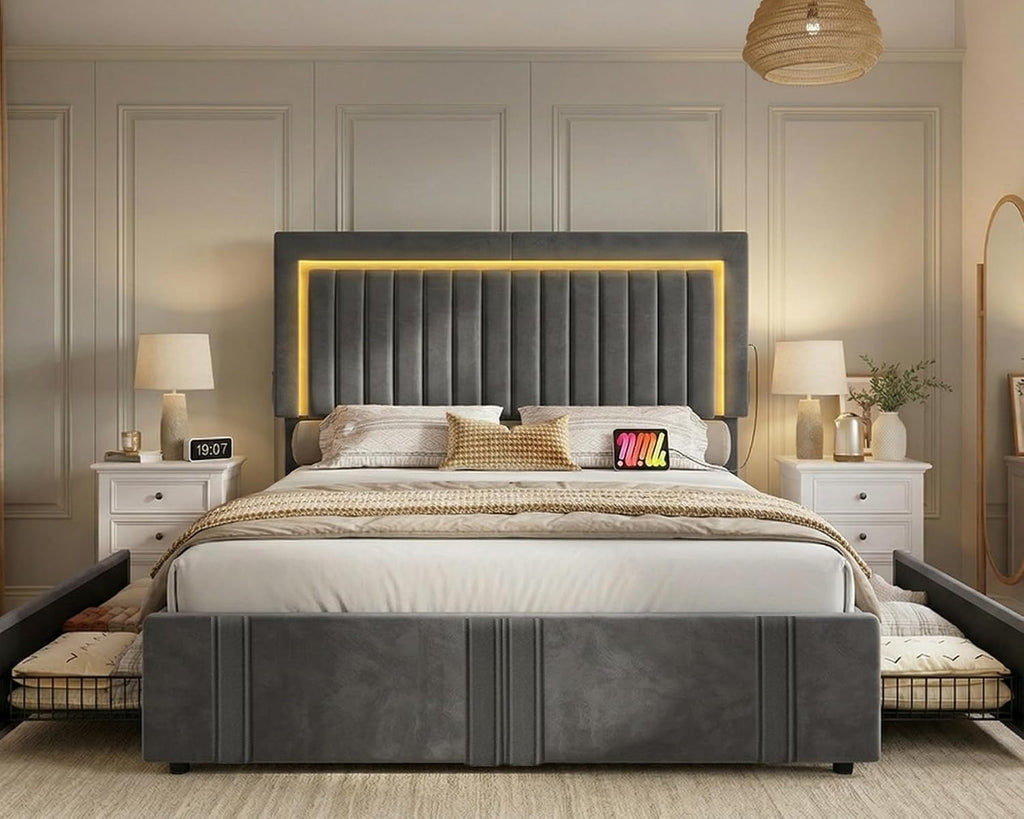 DWVO King Size Bed Frame with Adjustable Headboard, 4 Storage Drawers and RGB LED Lights, Velvet Upholstered Platform Bed with USB Ports, No Box Spring Needed, Fast Assembly, Noise-Free, Dark Grey