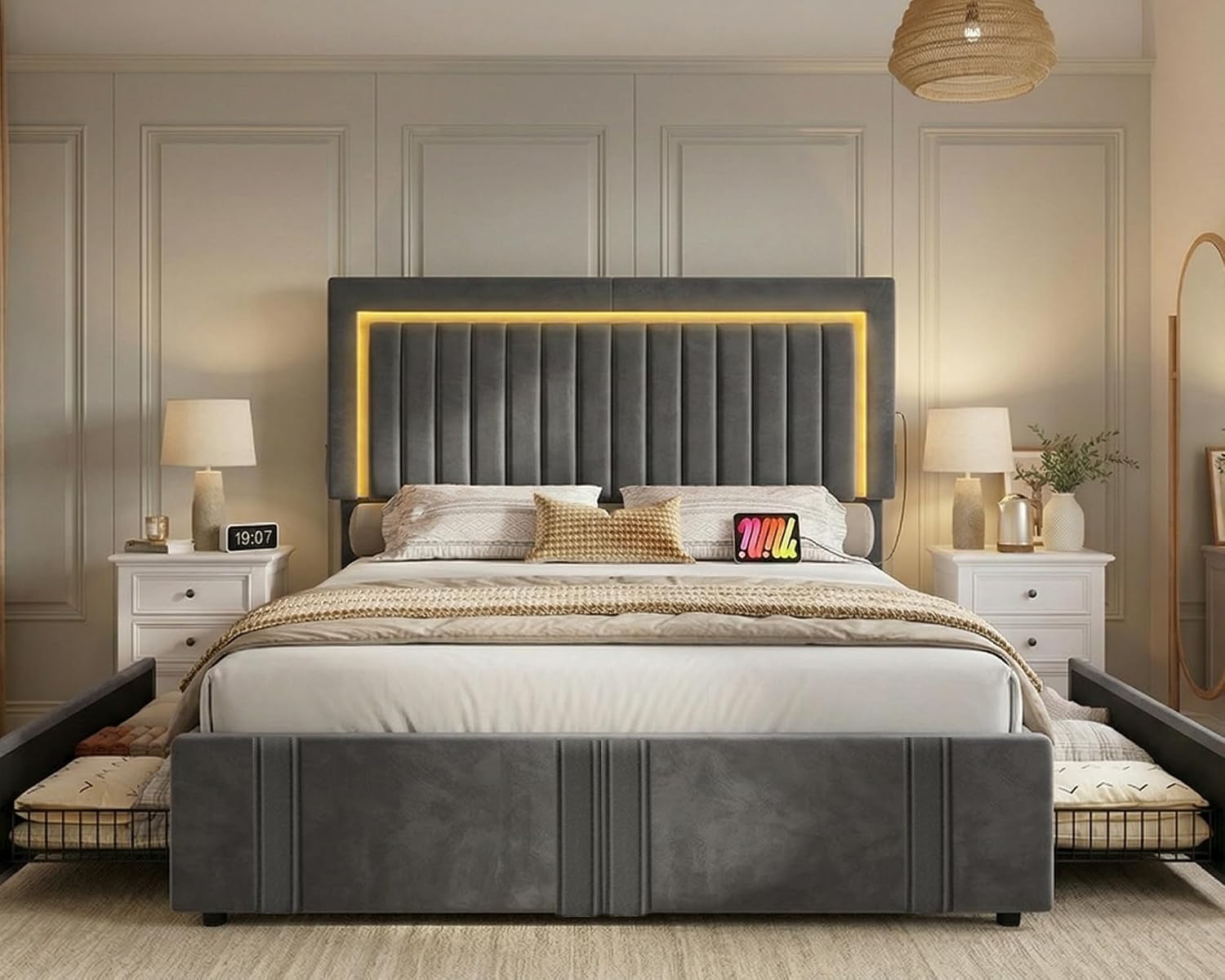 DWVO King Size Bed Frame with Adjustable Headboard, 4 Storage Drawers and RGB LED Lights, Velvet Upholstered Platform Bed with USB Ports, No Box Spring Needed, Fast Assembly, Noise-Free, Dark Grey