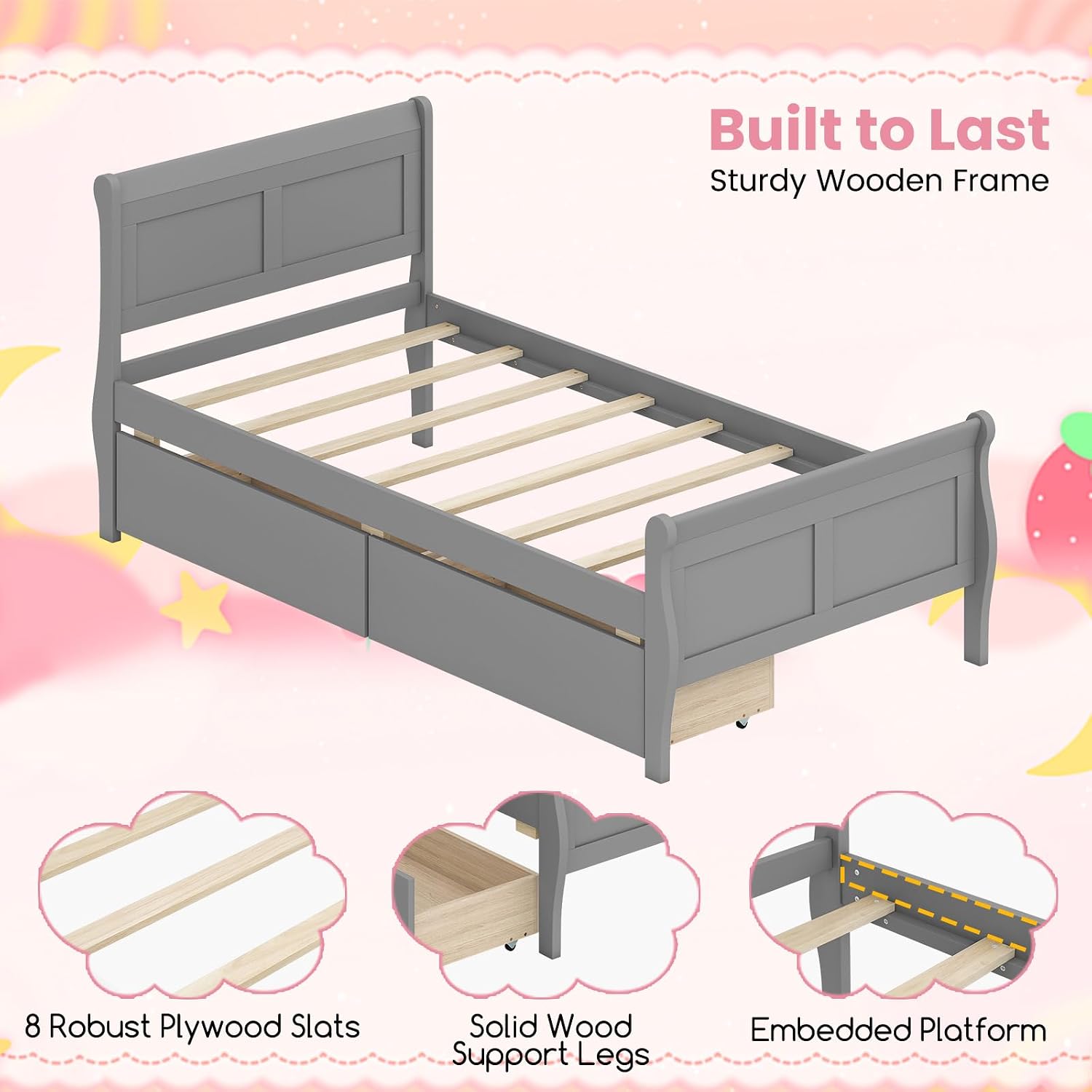 KOMFOTT 2 Twin Bed with 2 Drawers, Twin Storage Bed with Headboard for Bedroom, Sleigh Wood Bed Frame with Wooden Slats Support for Kids, Teens, Adults, No Box Spring Needed (Grey)