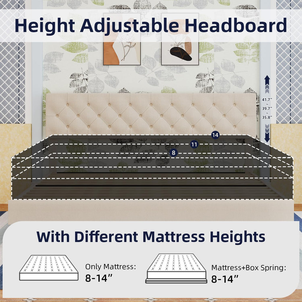 BarnFurin King Bed Frame, Upholstered Platform Bed with Button Tufted Headboard, Fabric Bed Frame with Wooden Slats Support, No Box Spring Required, Easy Assembly, Cream