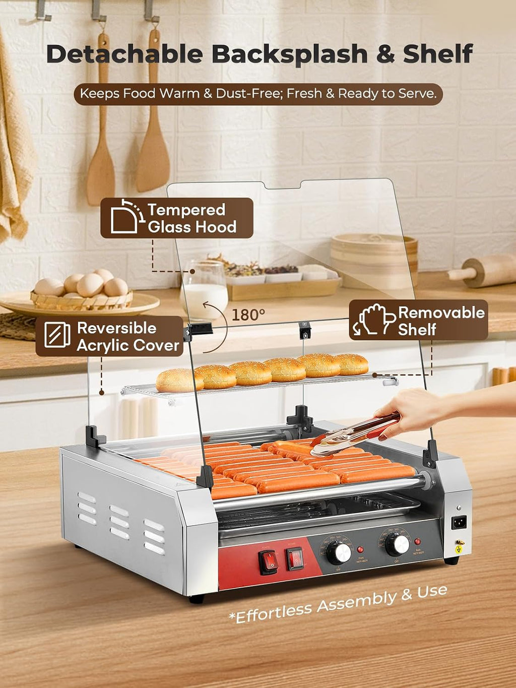 HOUSNAT Hot Dog Roller, 11 Rollers 30 Hot Dogs Capacity, 1650W Stainless Steel Hot Dog Machine with Dual Temperature Control, Bun Warmer Shelf, Glass Hood & Removable Drip Tray for Kitchen Restaurant