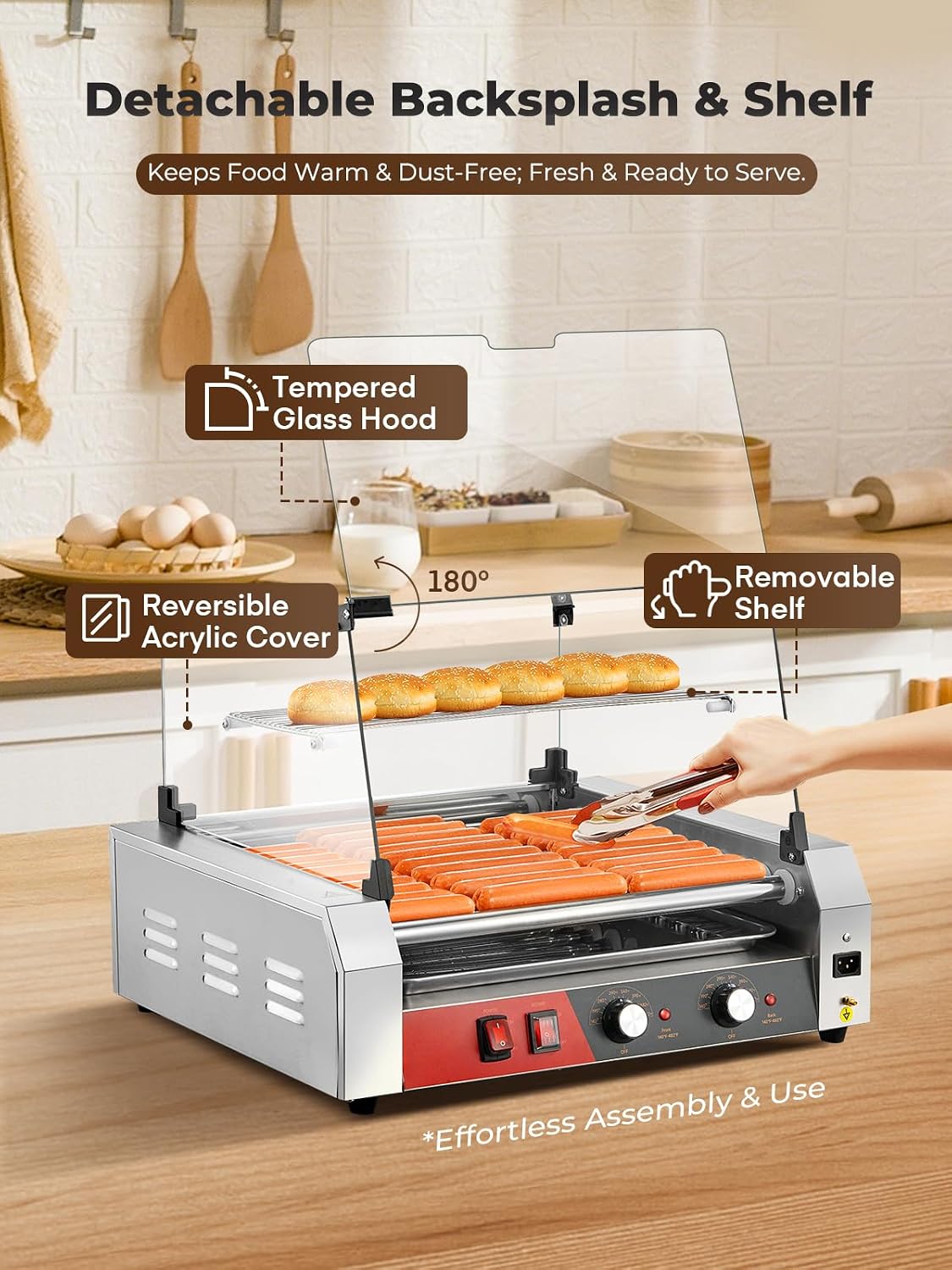 HOUSNAT Hot Dog Roller, 11 Rollers 30 Hot Dogs Capacity, 1650W Stainless Steel Hot Dog Machine with Dual Temperature Control, Bun Warmer Shelf, Glass Hood & Removable Drip Tray for Kitchen Restaurant