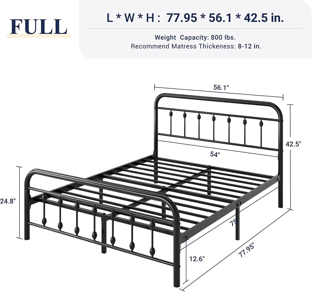 Allewie 14 Inches Full Size Metal Platform Bed Frame with Victorian Style Iron-Art Headboard/Footboard, Mattress Foundation, Easy Assembly, Under Bed Storage, No Box Spring Required, Black