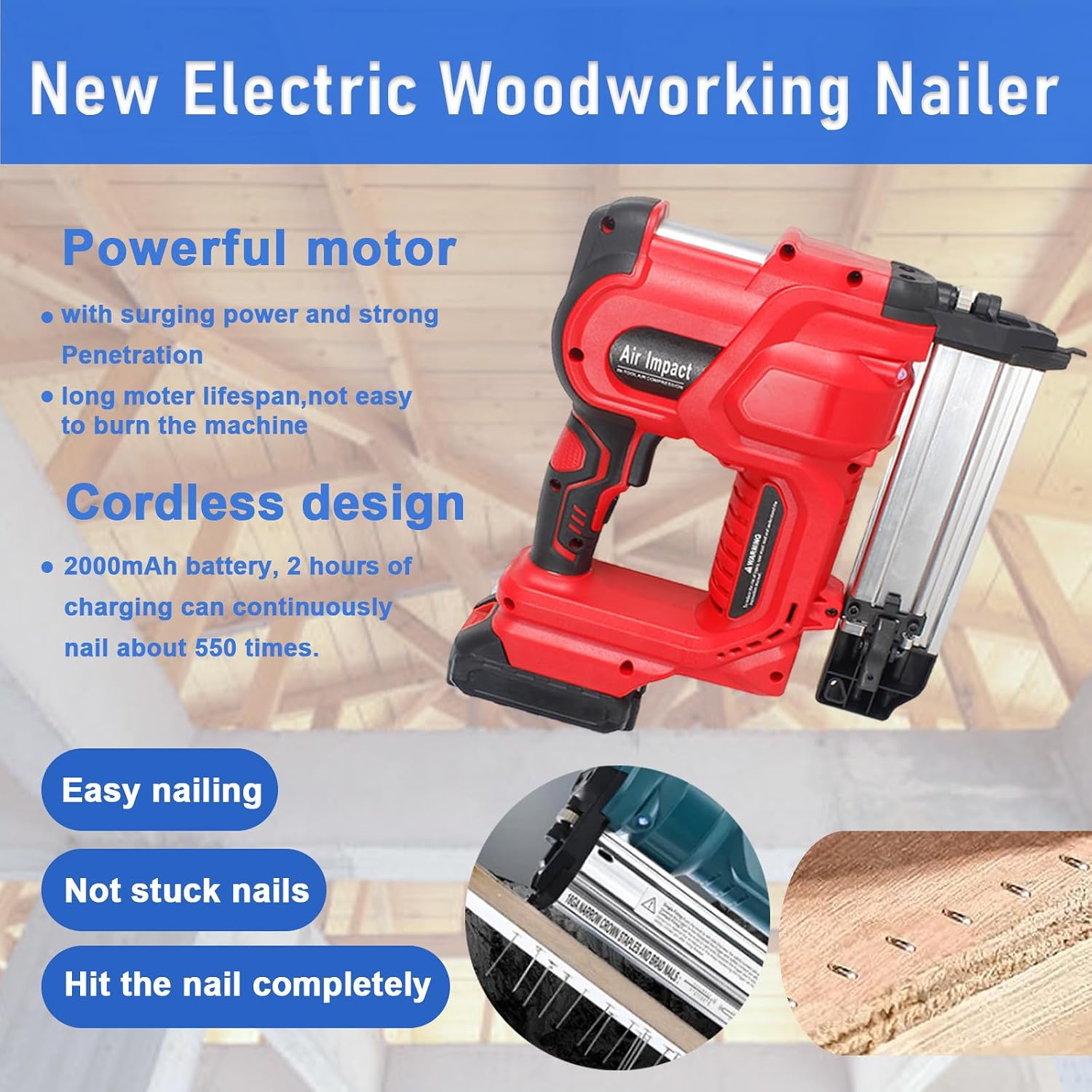 2 in 1 Brad Nailer Battery Powered, Electric Nailing Machine with 200 Pcs Straight Nails & Staples, Brad Nailer with 2 * 2.0 Ah Batteries, for Home Improvement & Woodworking Blue