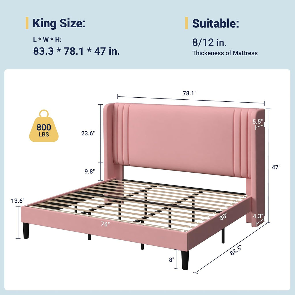 Allewie King Size Velvet Platform Bed Frame with Vertical Tufted Wingback Headboard, Easy Assembly, Under Bed Storage, No Box Spring Required, Modern Style, Pink