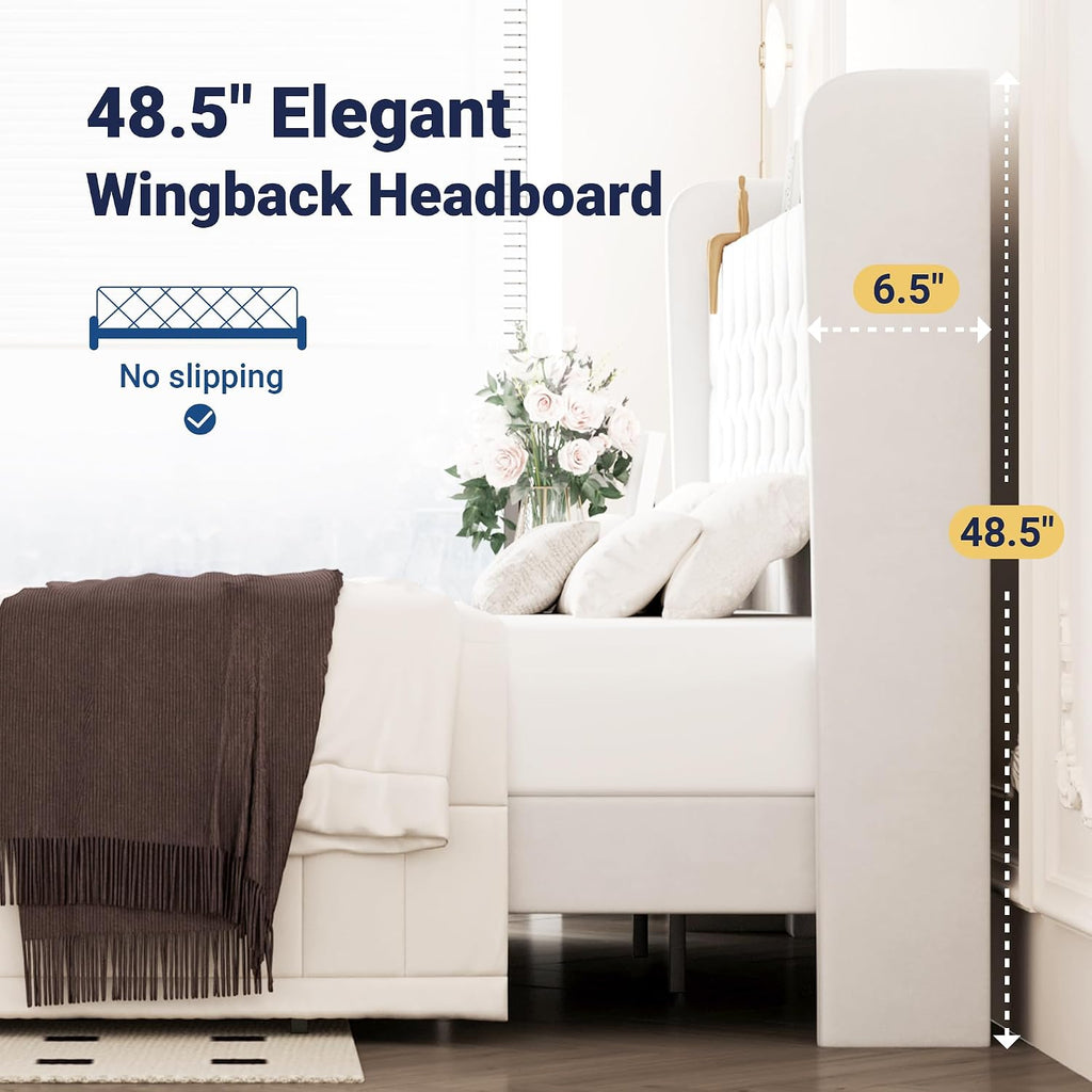 Allewie King Size Bed Frame, Storage Headboard with Charging Station, Wingback Velvet Upholstered, Diamond Stitched Button Tufted, Sturdy Wooden Slats, No Box Spring Needed, Easy Assembly, White