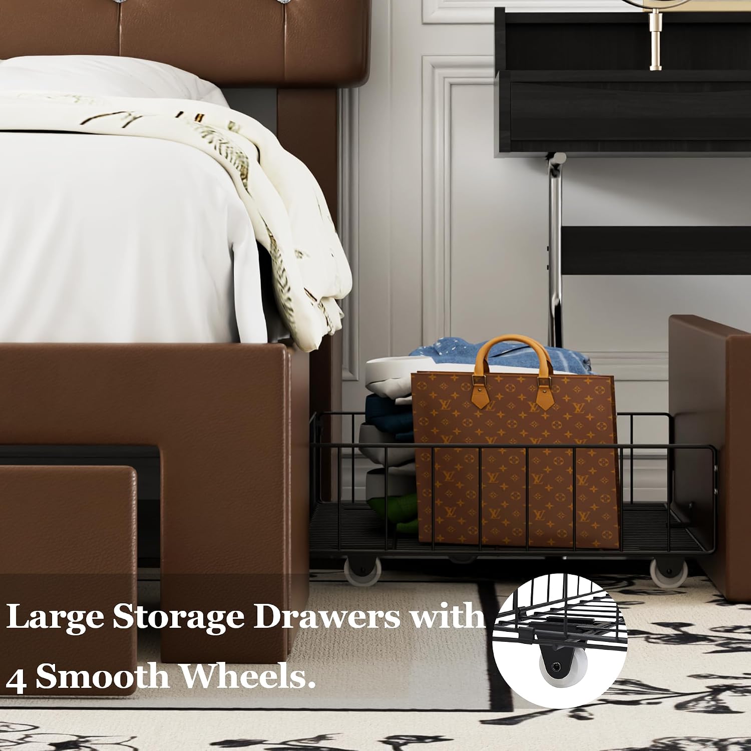 VECELO Full Size Bed Frame with 3 Storage Drawers, Leather Upholstered with Diamond Tufted Headboard, Solid Wood Slat Support & Steel Framework, PU & Brown
