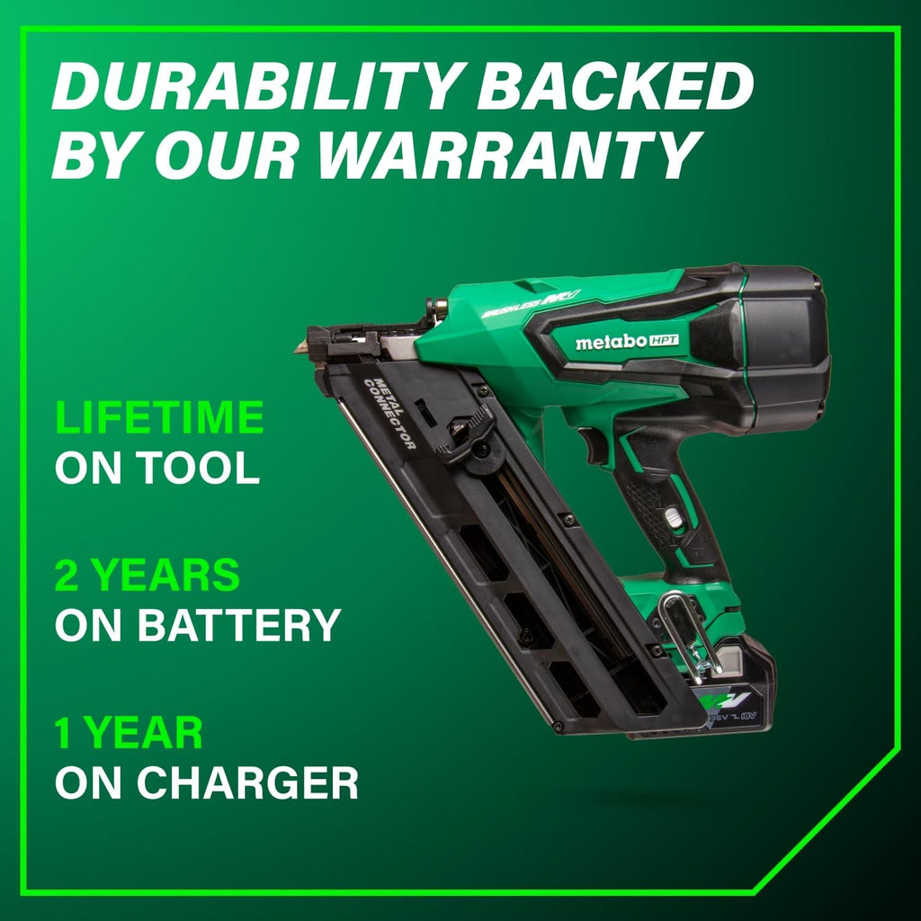 Metabo HPT 36V MultiVolt Cordless Metal Connector Nailer, Power Tool MultiVolt 36V 2.5 Ah Li-ion battery, Pro Tools Innovation Award Winner, Drives 1-1/2' to 2-1/2' Nails, 900 per Charge, NR3665DA