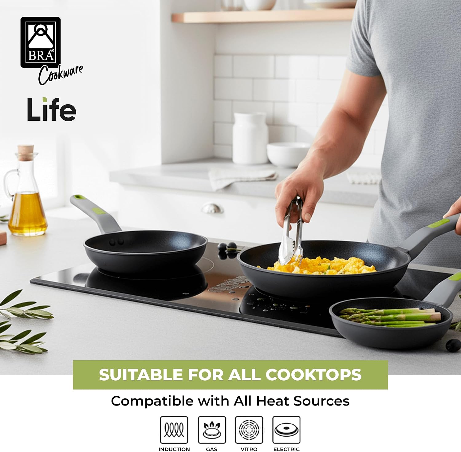 BRA COOKWARE Life 3 Ceramic Nonstick Frying Pan Set | 8+9.5+11 Inch Recycled Cast Aluminum Skillets | Ceramic Non-Stick Fry Pans | PFOA Free Searing Skillets | All Cooktops | Soft-Touch Handle