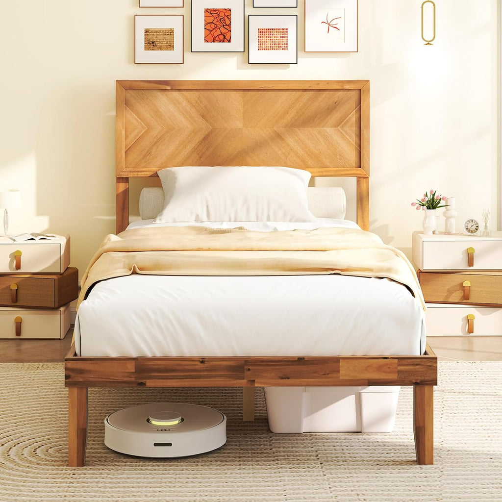 Giantex Wood Twin Bed Frames with Headboard, Solid Acacia Wood Platform Bed with 12 Strong Wooden Slat Support, Scandinavian Style Art Deco Twin Size Bed Frame, No Box Spring Needed, Rustic Brown