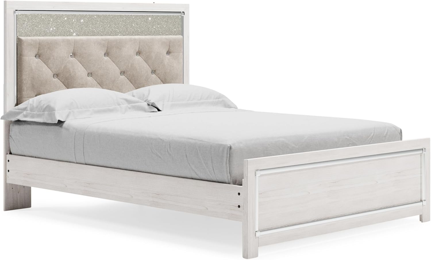 Signature Design by Ashley Altyra Glam Tufted Upholstered Queen Platform Bed with LED Lighting, Foundation or Box Spring Not Needed, White