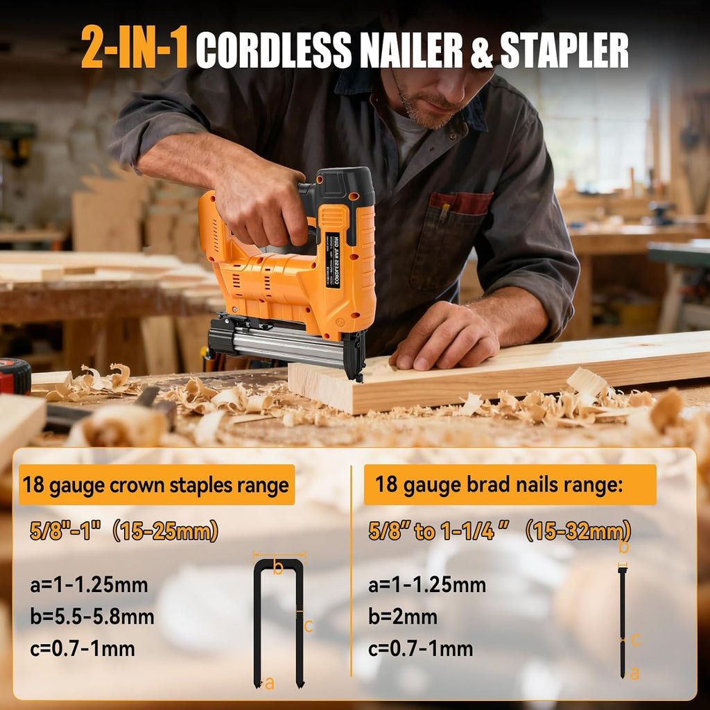 JOJOCY 18GA Cordless 2-in-1 Brad Nailer & Stapler for DeWalt 20V Battery, Powered Nail Gun with 1000 Silver Brad Nails & Gold Crown Staples, Ideal for Woodworking & Home Improvement