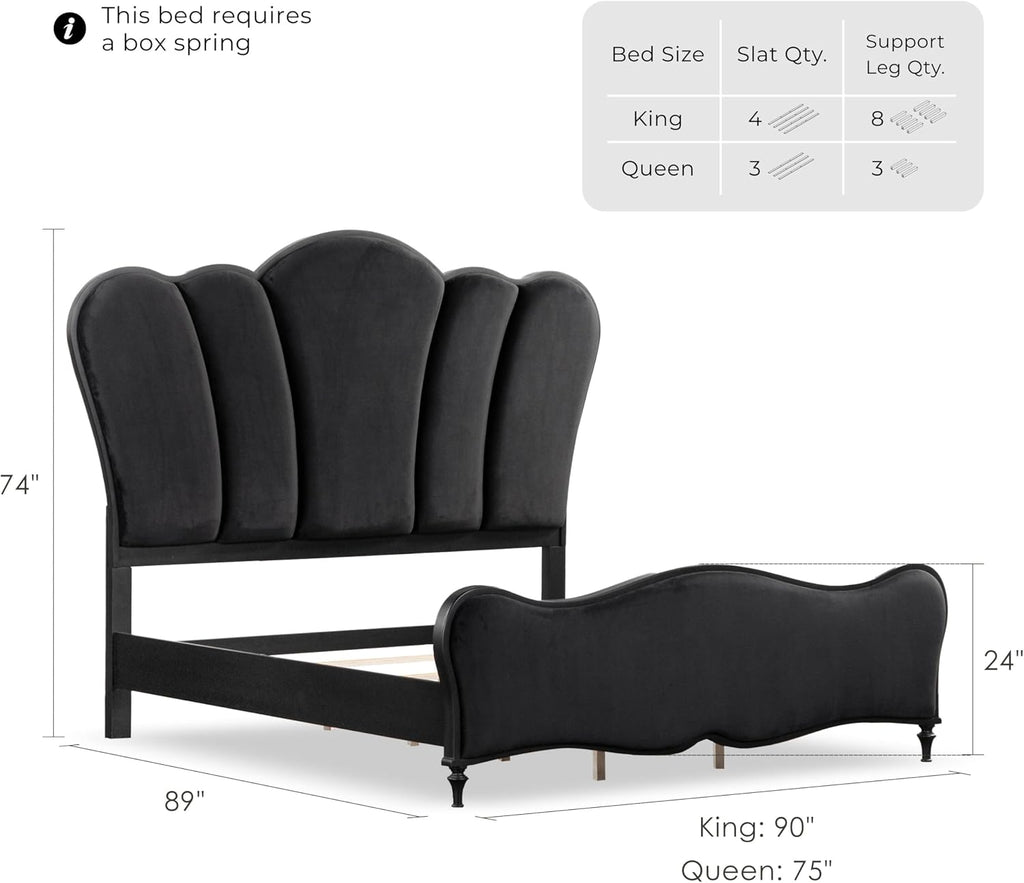 Furniture of America Seabliss Glam Solid Wood 2-Piece Bedroom Set with Padded Headboard Bed, Felt-Lined Top Drawer, Ball-Bearing Glides on Nightstand, Box Spring Needed, Queen, Black