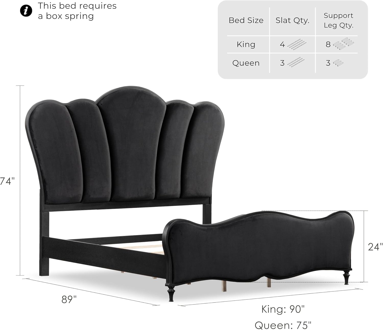Furniture of America Seabliss Glam Solid Wood 2-Piece Bedroom Set with Padded Headboard Bed, Felt-Lined Top Drawer, Ball-Bearing Glides on Nightstand, Box Spring Needed, Queen, Black
