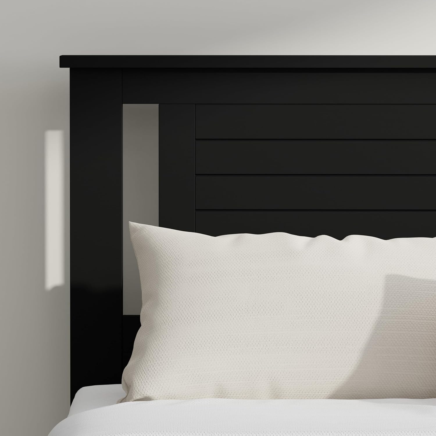 ComfIQ Solid Wood Platform Bed with Wooden Slats – Durable Frame, No Box Spring Required, Ample Underbed Storage, Black, Queen, Bed and Horizontal Slat Headboard