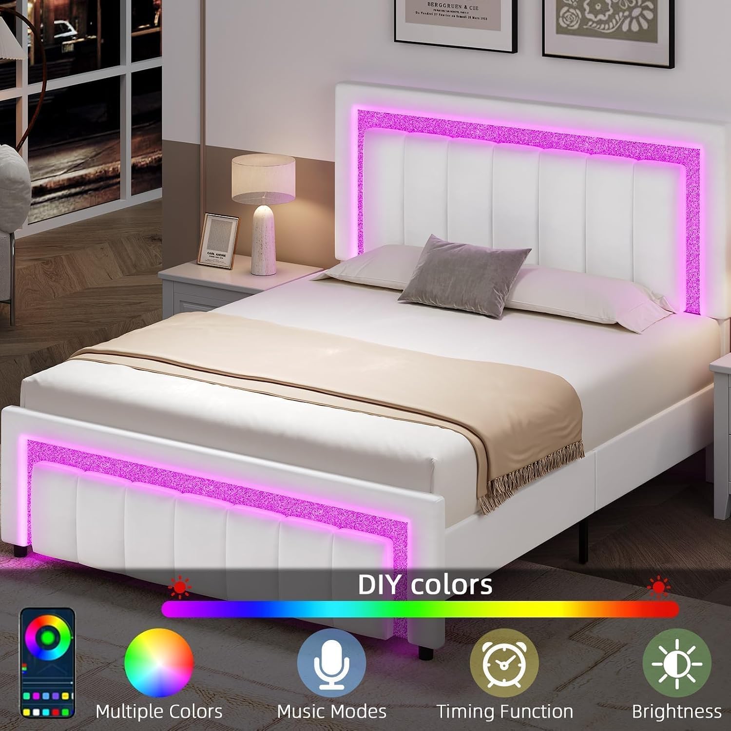 HOMBCK Queen Size Bed Frame with LED Lights and Velvet Upholstered Adjustable Headboard, Bed Frame Queen with Diamond Headboard & Footboard, Wood Slats Support, Noise Free, No Box Spring Needed, White