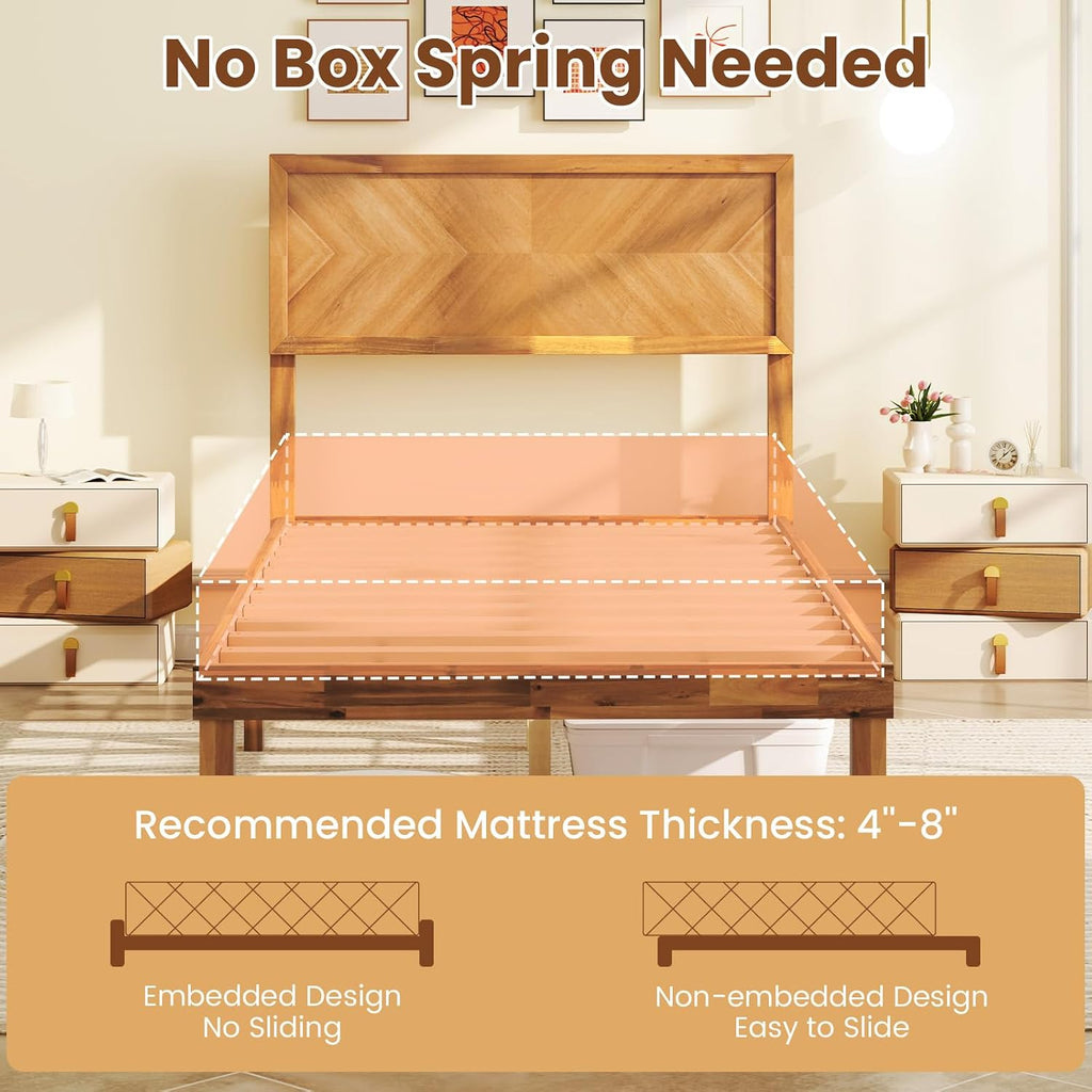 Giantex Wood Twin Bed Frames with Headboard, Solid Acacia Wood Platform Bed with 12 Strong Wooden Slat Support, Scandinavian Style Art Deco Twin Size Bed Frame, No Box Spring Needed, Rustic Brown