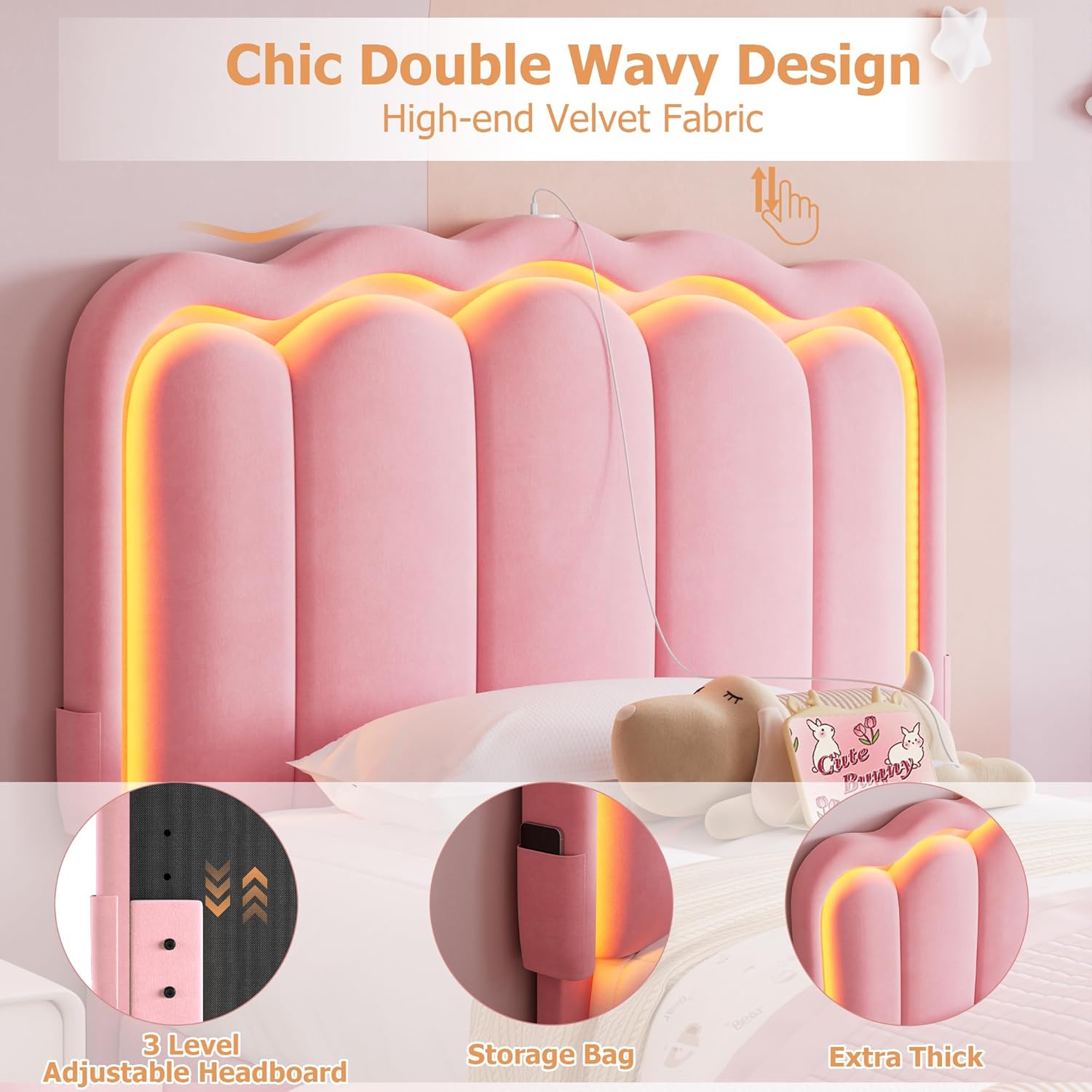 Twin Upholstered LED Bed Frame with Storage Drawer and Adjustable Chic Double Wavy Headboard, Velvet Princess Platform Bed for Girls/Kids, Solid Wood Slats Support, No Box Spring Needed, Pink