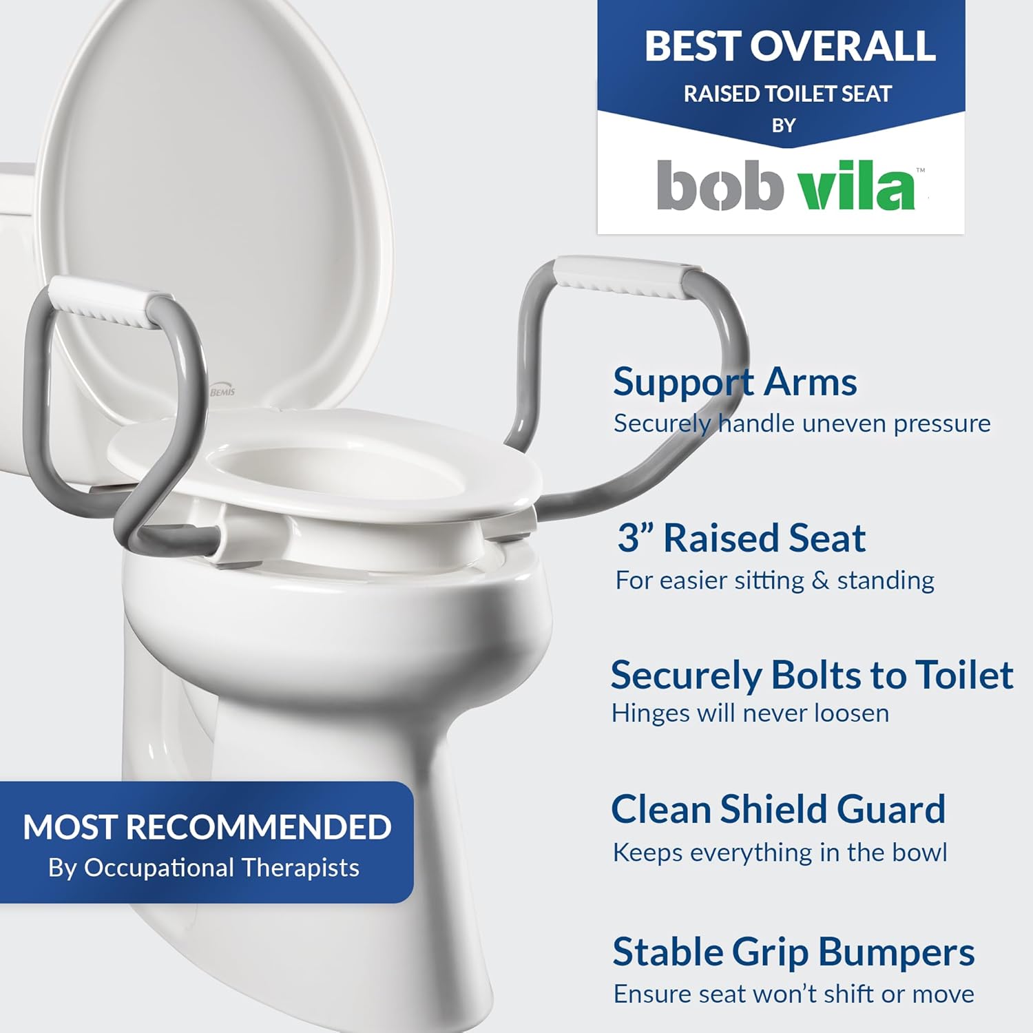 Bemis Assurance 3' Raised Toilet Seat with Handles, Therapist Preferred for Safety, Secure Hinges, Clean Shield Guard, Round, White