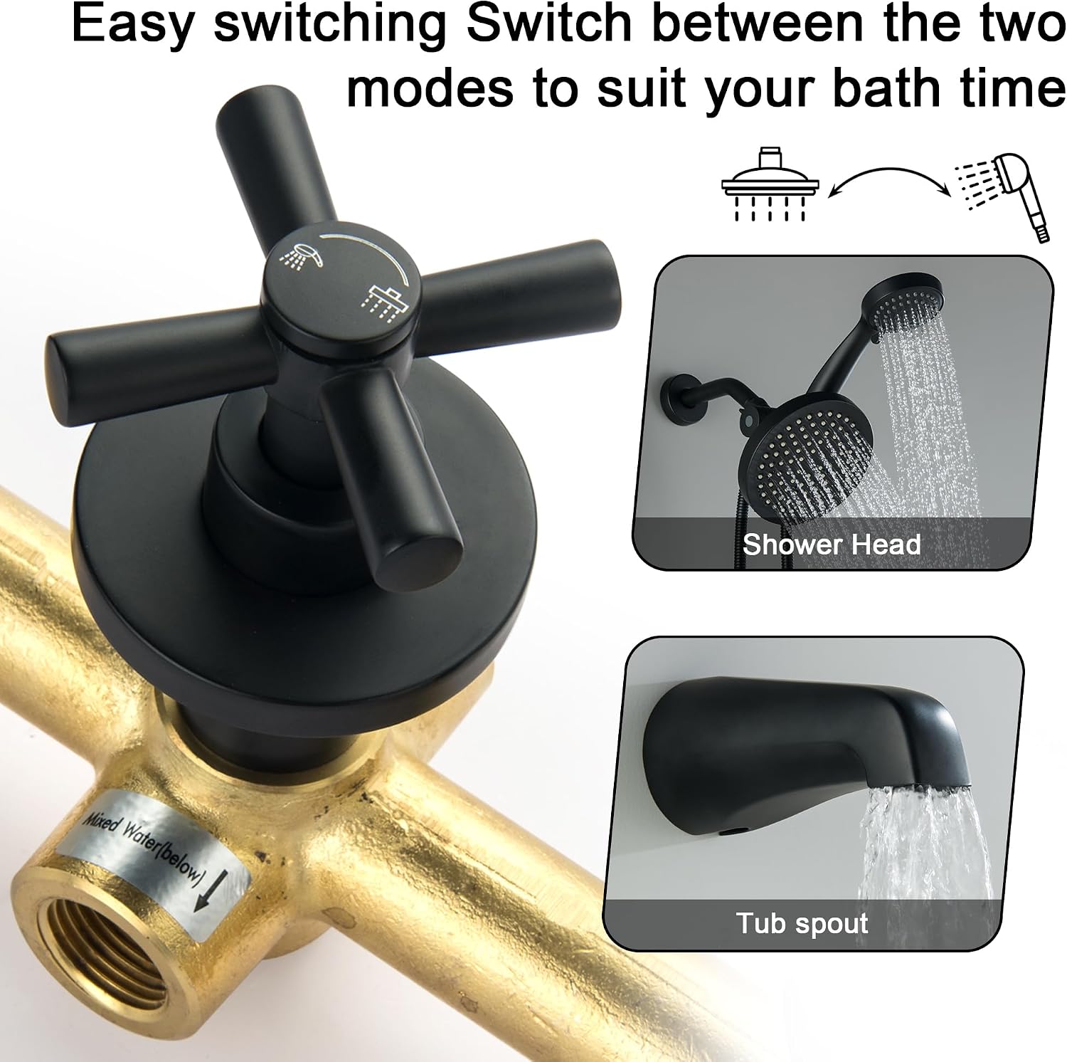 LIWEIKE 3 Handle Tub Shower Faucet, Matte Black Three Handles and Tub Spout Faucet Set Black Shower Faucet 3 Knob Brass Rough-in Valve