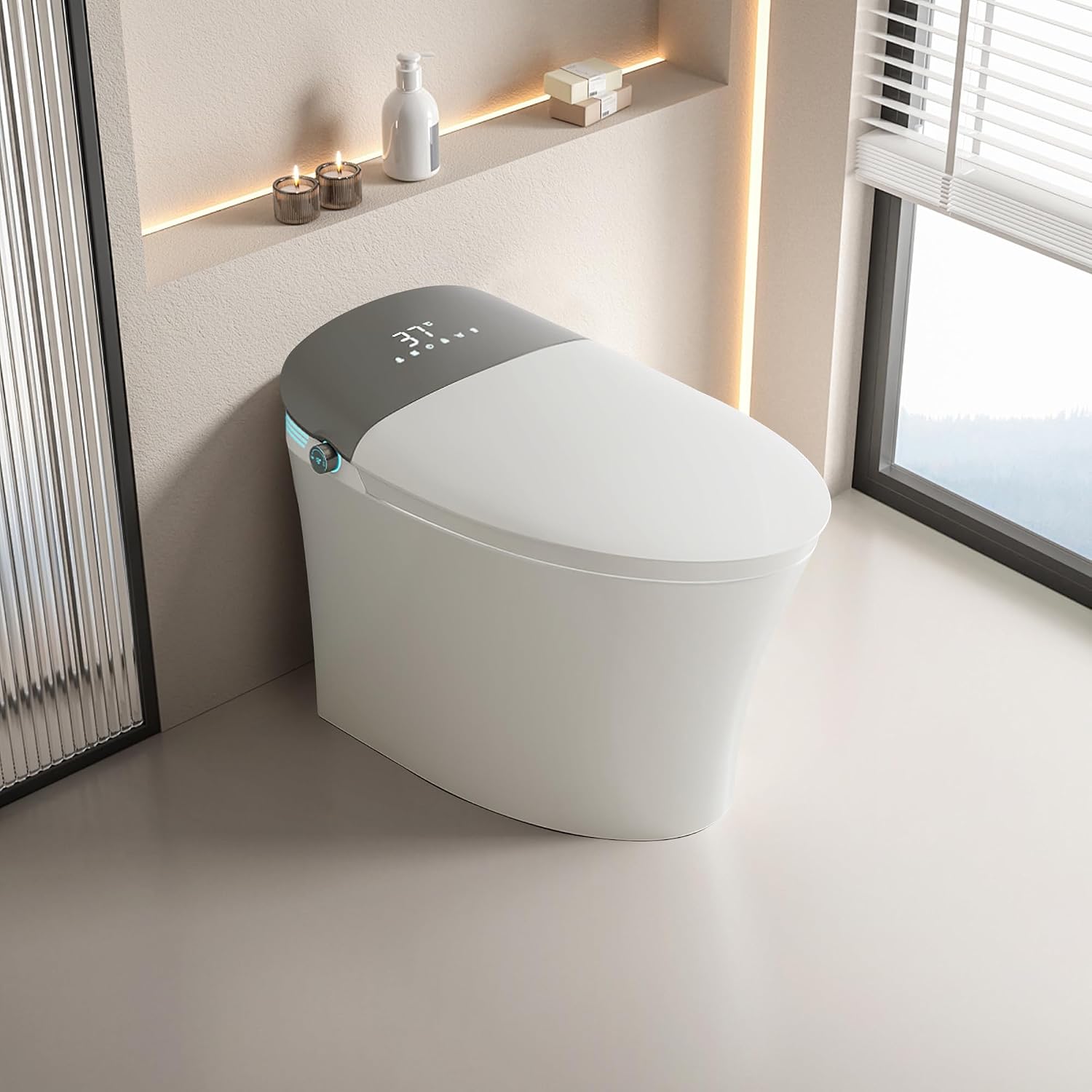 Smart Toilet with Powerful Flush, Bidet with Instant Warm Water, Modern Elongated Tankless Toilet with Foot Sensor, Heated Bidet Seat & Dryer,LED Display, Night Light, Deodorization (White)